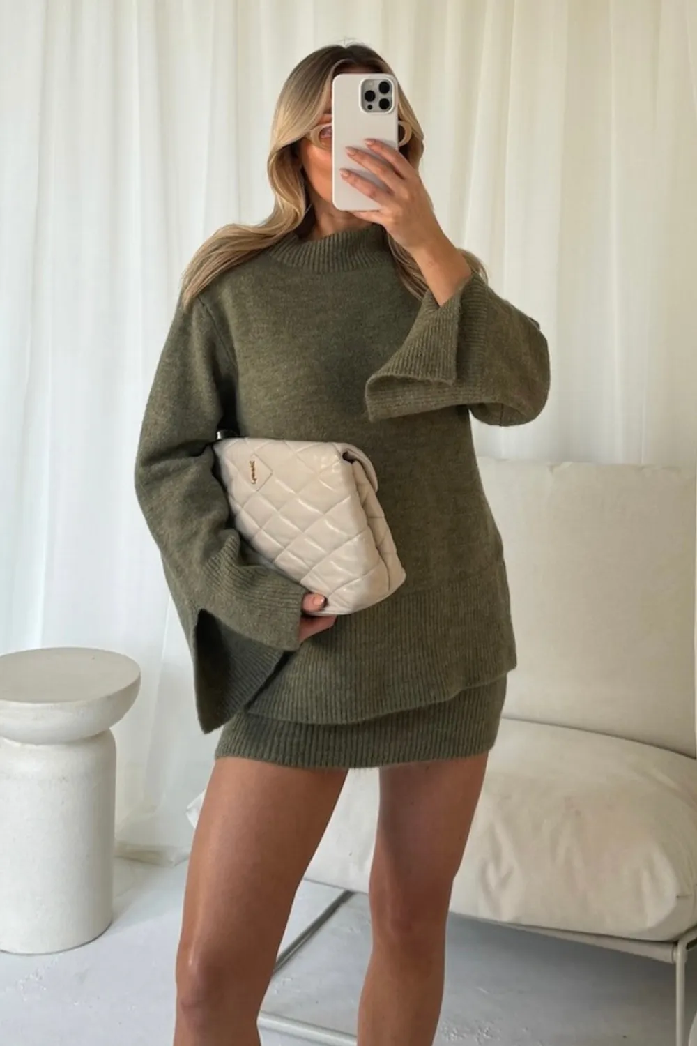 Holly khaki high neck knit jumper and skirt co-ord