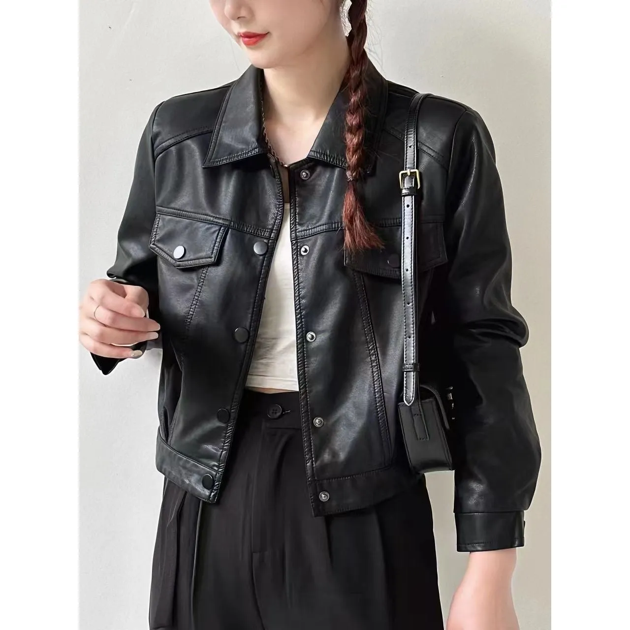 INSTOCK- Black leather casual retro Hong Kong style jacket.