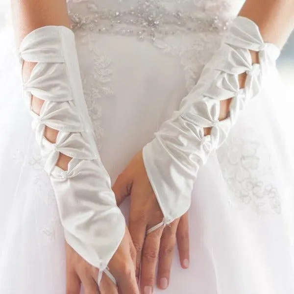 Ivory Satin Bows Fingerless Bridal Gloves