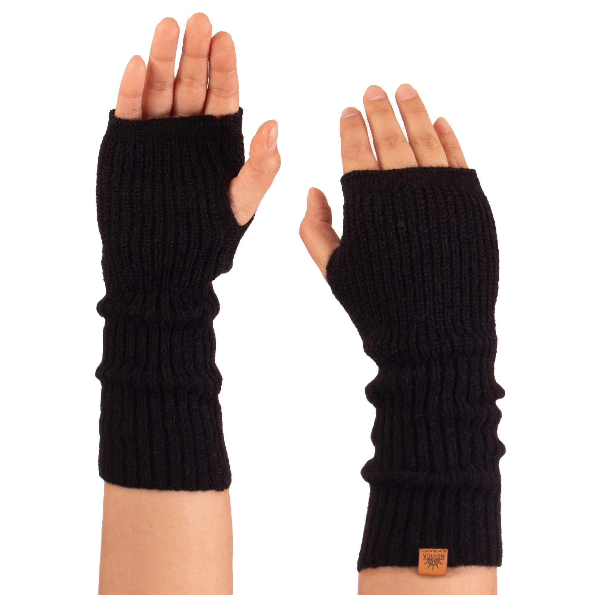 Knit Alpaca and Wool Blend Fingerless Mitts in Coal Black - Dark Epoch | NOVICA