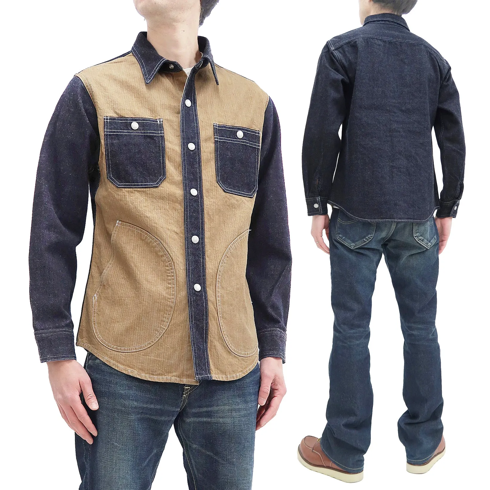 Kojima Genes Mixed Panel Shirt Men's Denim x Herringbone Long Sleeve Two Tone Button Up Shirt rnb282S RNB-282S Beige