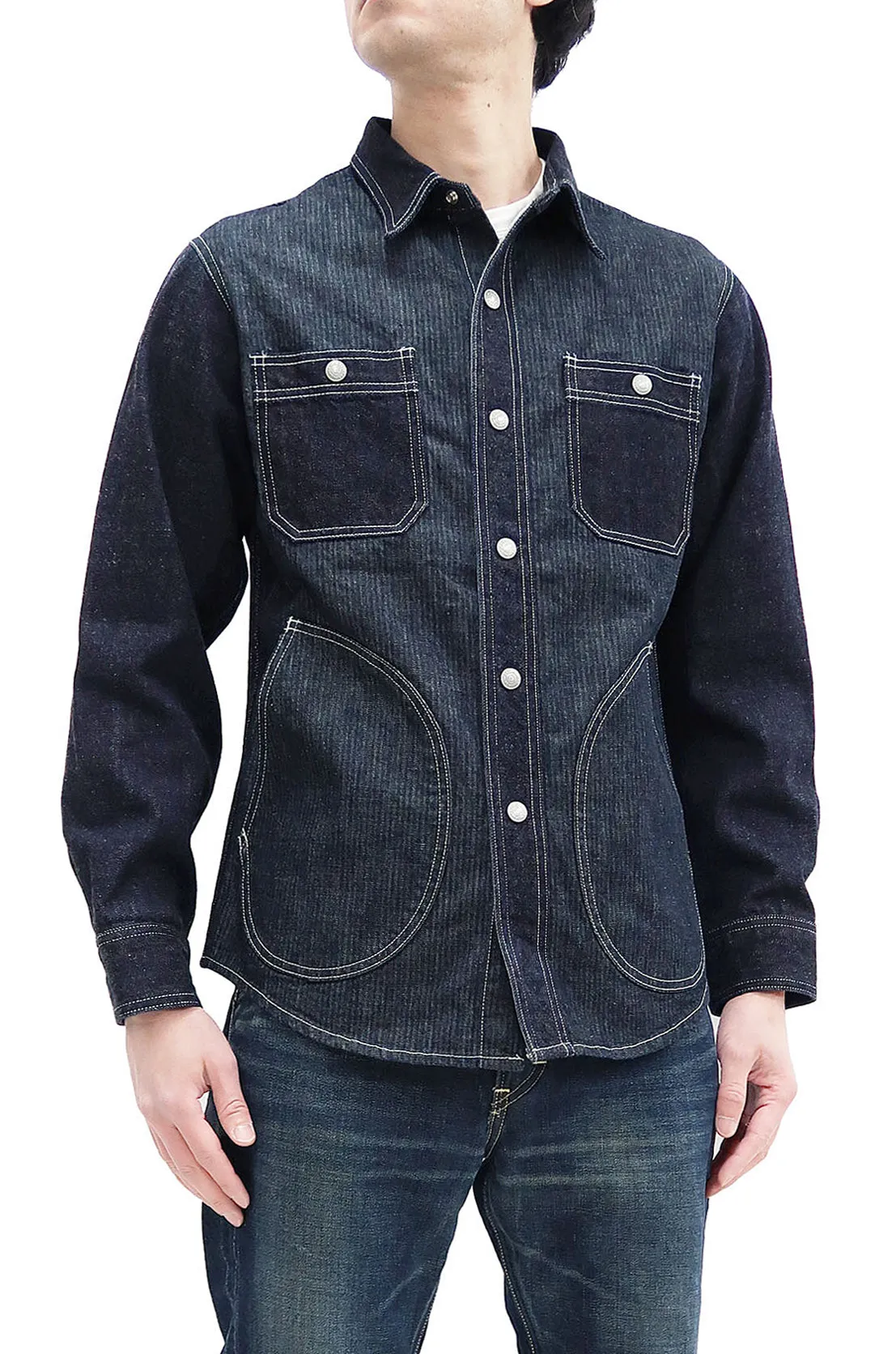 Kojima Genes Mixed Panel Shirt Men's Denim x Herringbone Long Sleeve Two Tone Button Up Shirt rnb282S RNB-282S Indigo