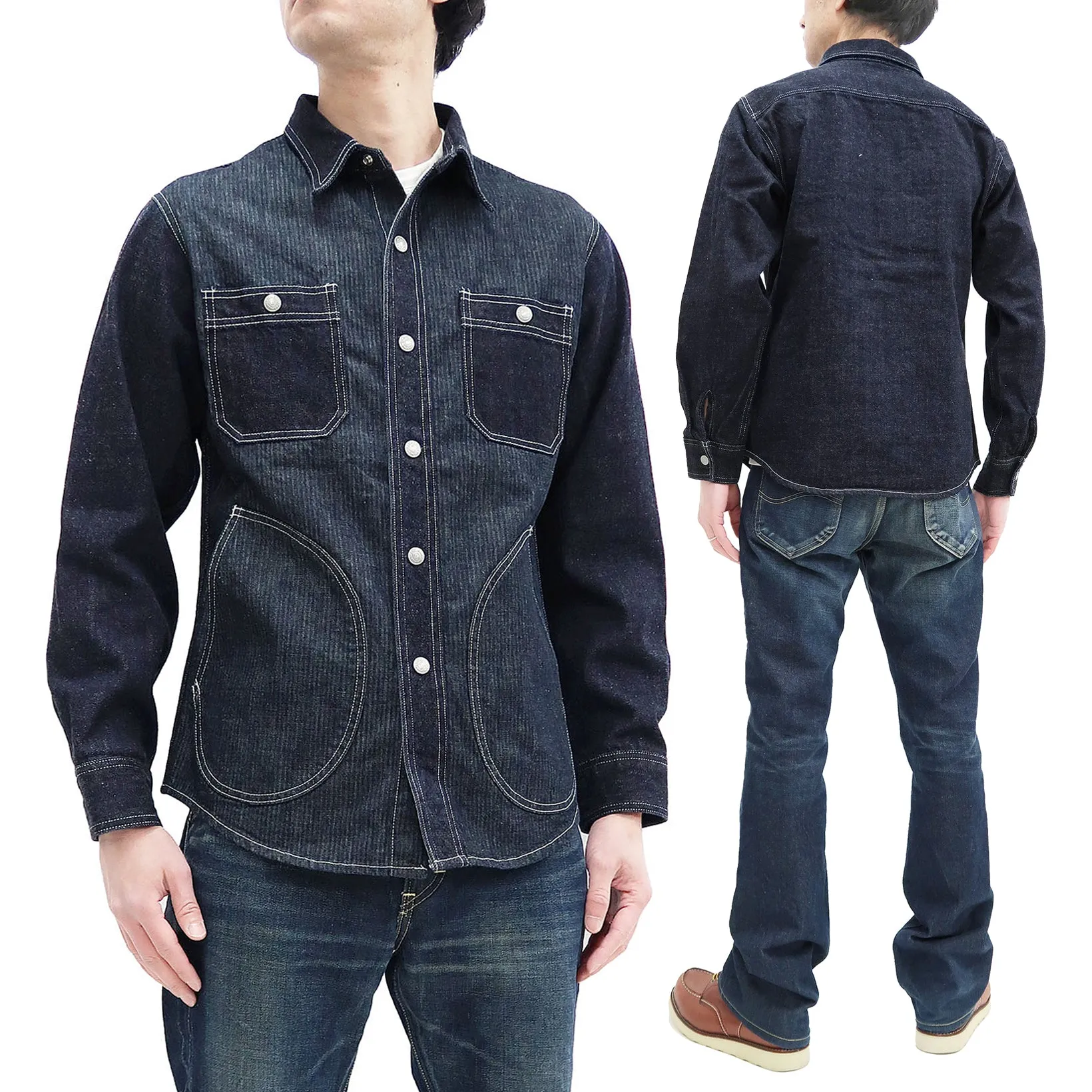 Kojima Genes Mixed Panel Shirt Men's Denim x Herringbone Long Sleeve Two Tone Button Up Shirt rnb282S RNB-282S Indigo