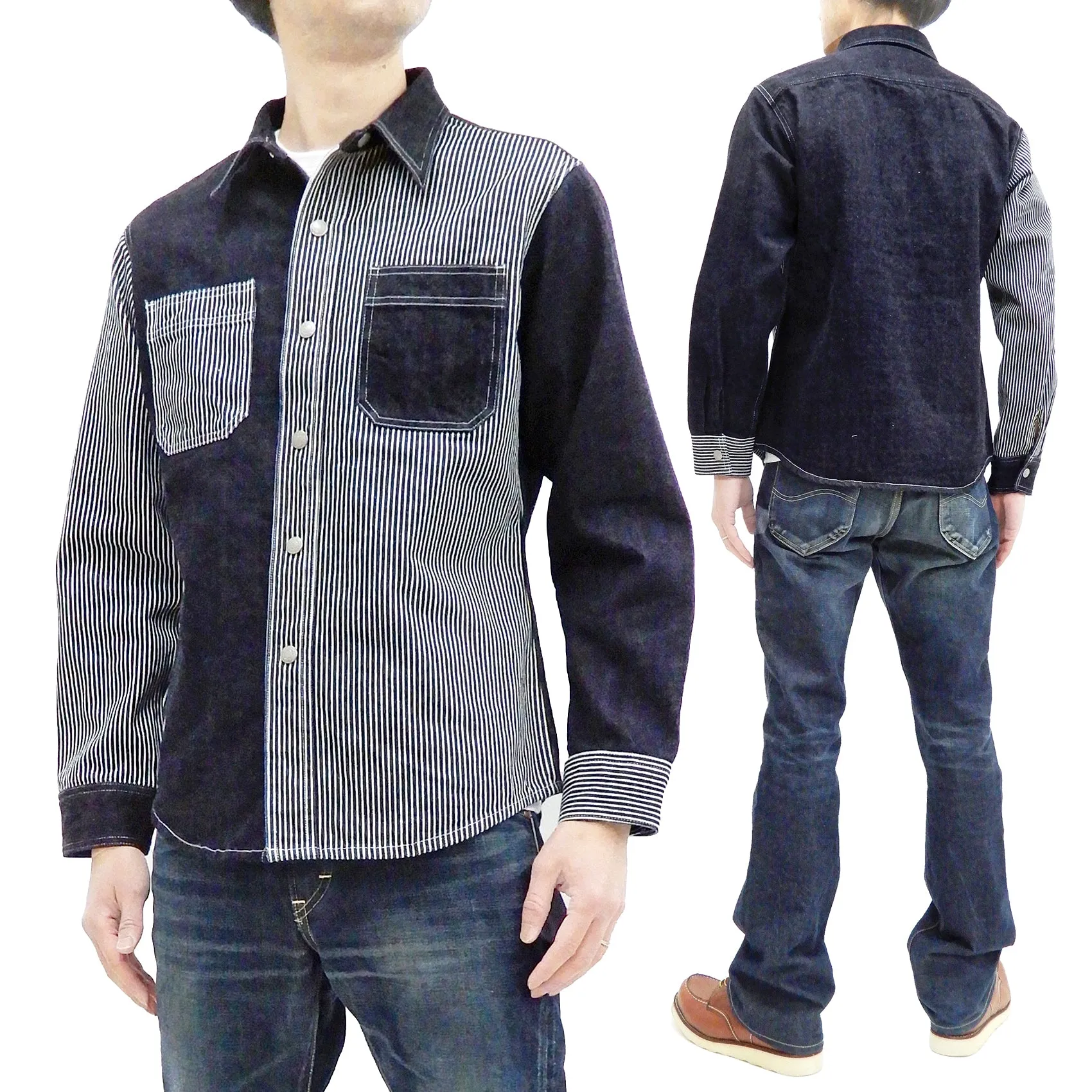 Kojima Genes Mixed Panel Shirt Men's Long Sleeve Two Tone Button Up Shirt rnb281s RNB-281S Denim x Hickory