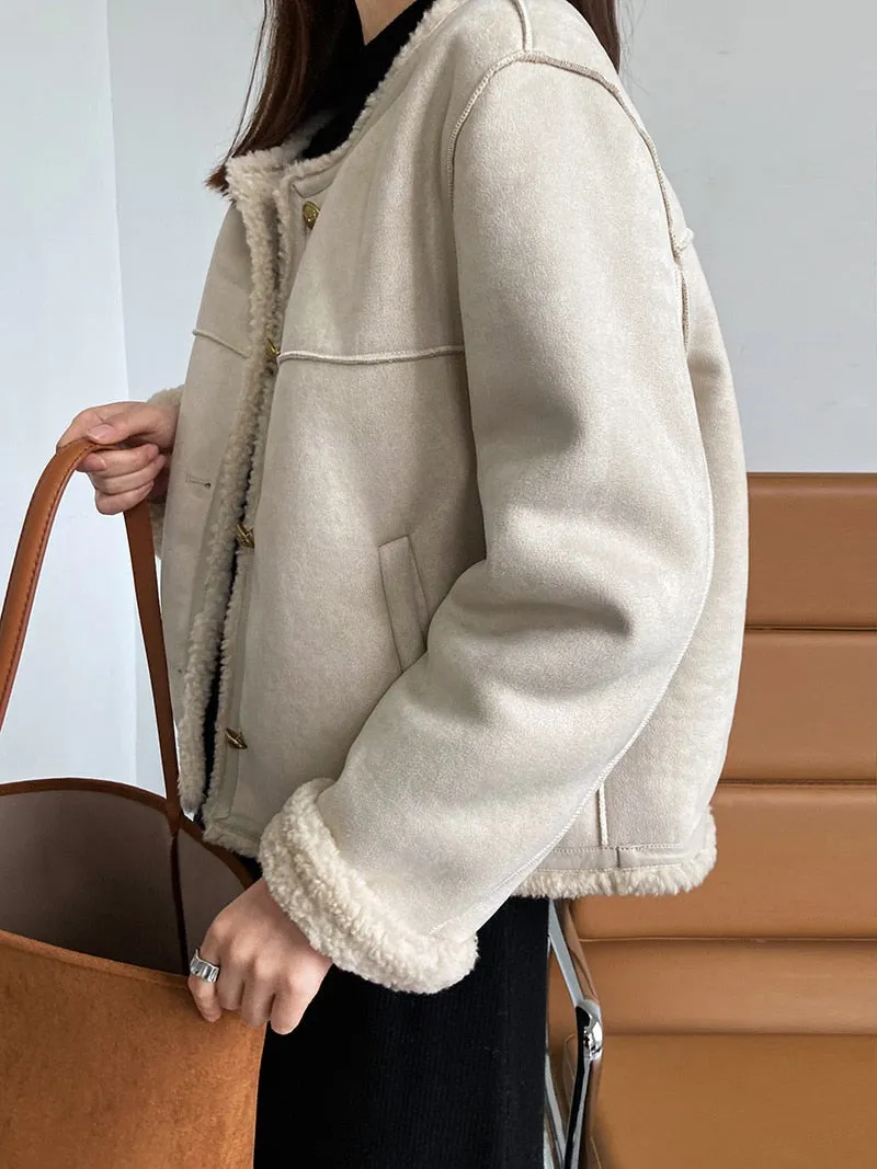 [Korean Style] Faux Lambskin Shearling Collarless Cropped Sherpa Jacket