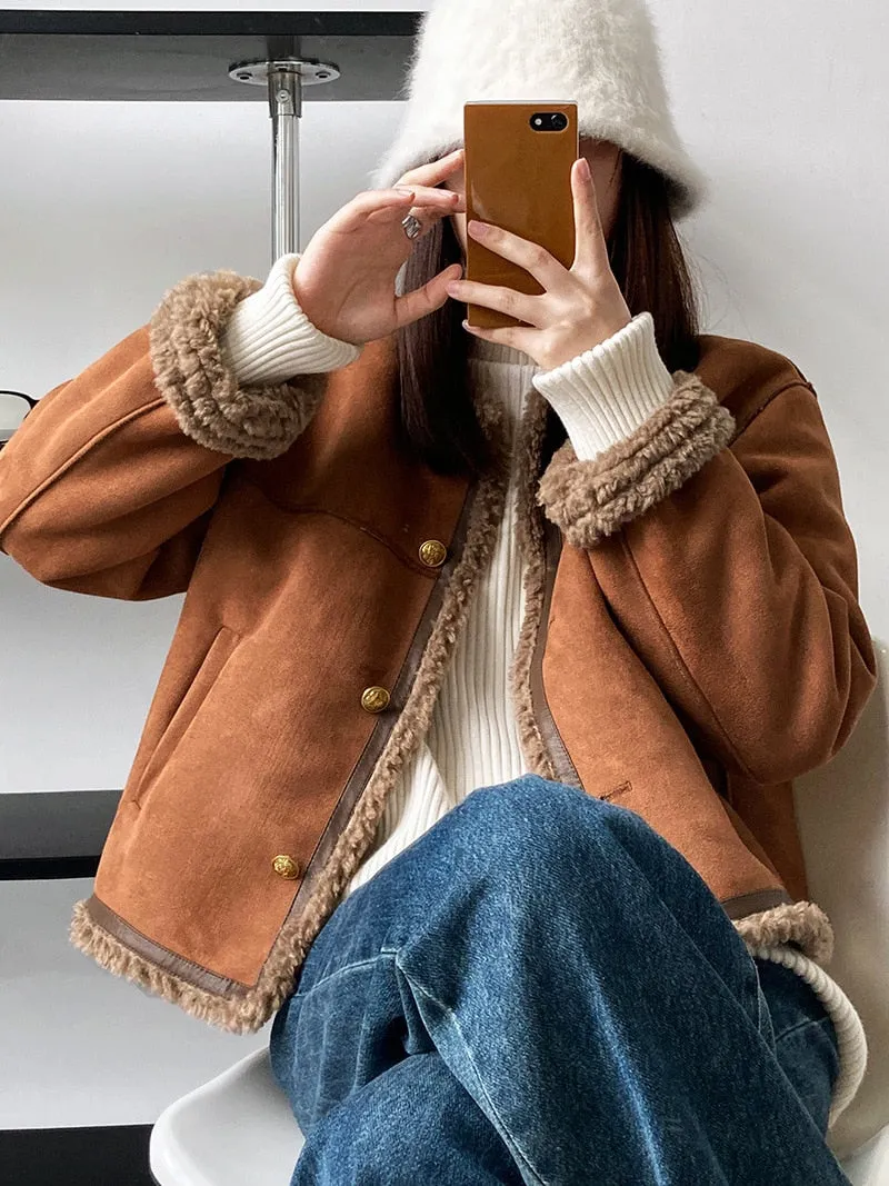 [Korean Style] Faux Lambskin Shearling Collarless Cropped Sherpa Jacket