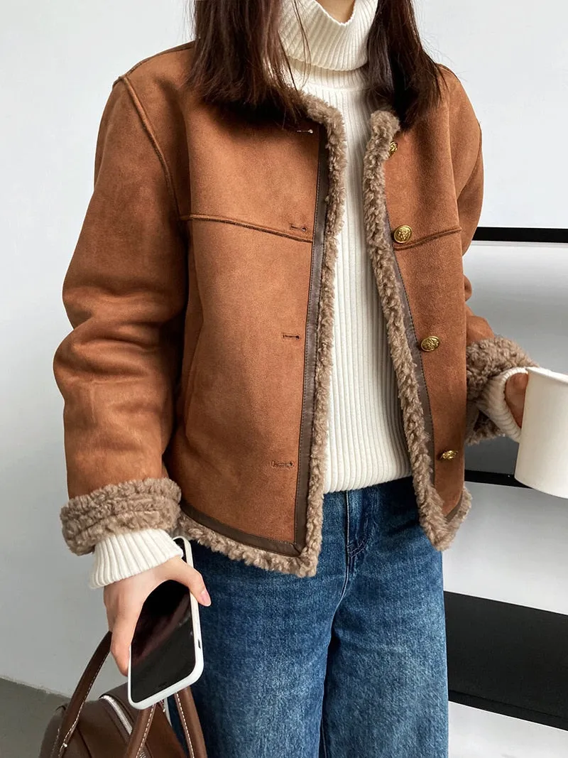 [Korean Style] Faux Lambskin Shearling Collarless Cropped Sherpa Jacket