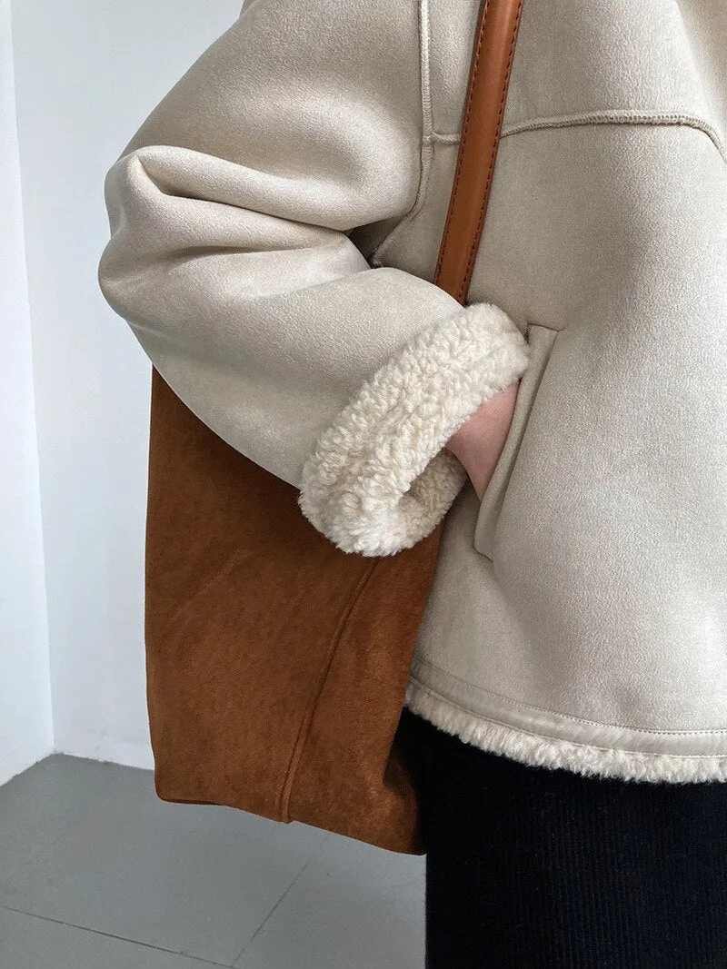 [Korean Style] Faux Lambskin Shearling Collarless Cropped Sherpa Jacket