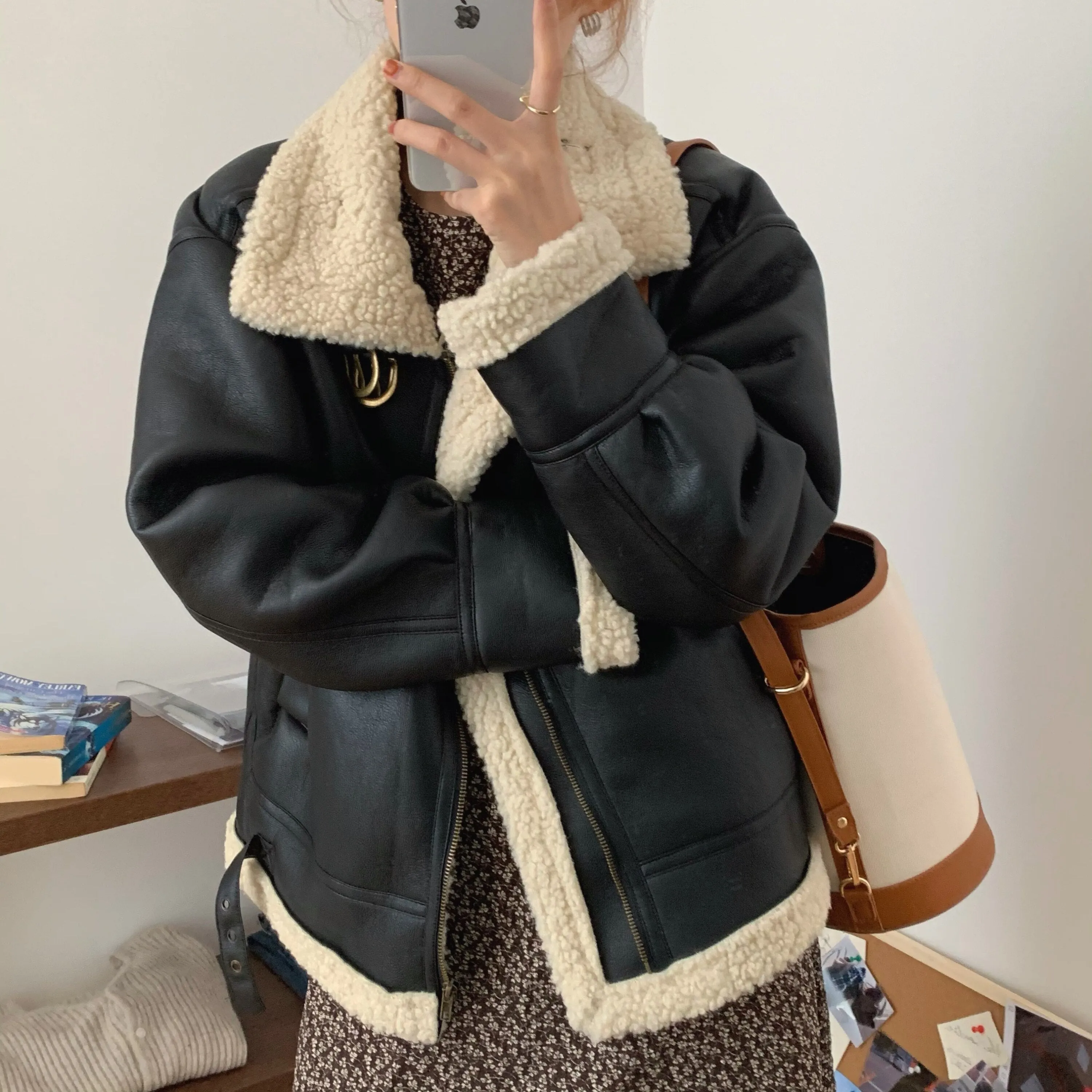 [Korean Style] Faux Leather Shearling Sherpa Biker Coat