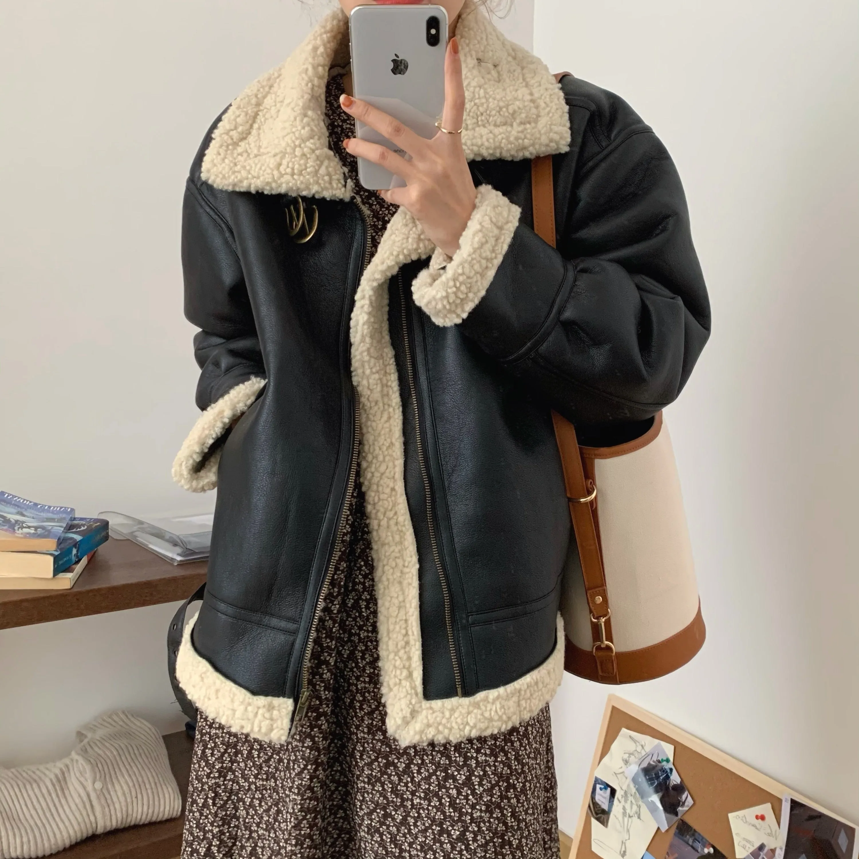 [Korean Style] Faux Leather Shearling Sherpa Biker Coat