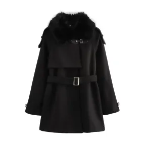 Ladies Black Fur Collar Winter Belted Coat