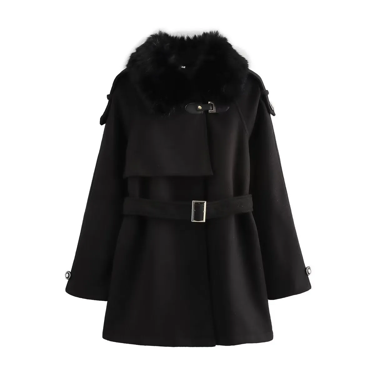 Ladies Black Fur Collar Winter Belted Coat