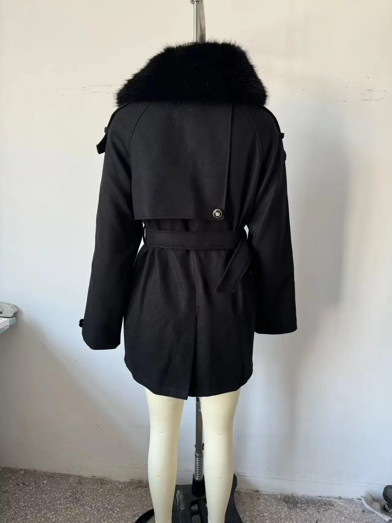 Ladies Black Fur Collar Winter Belted Coat