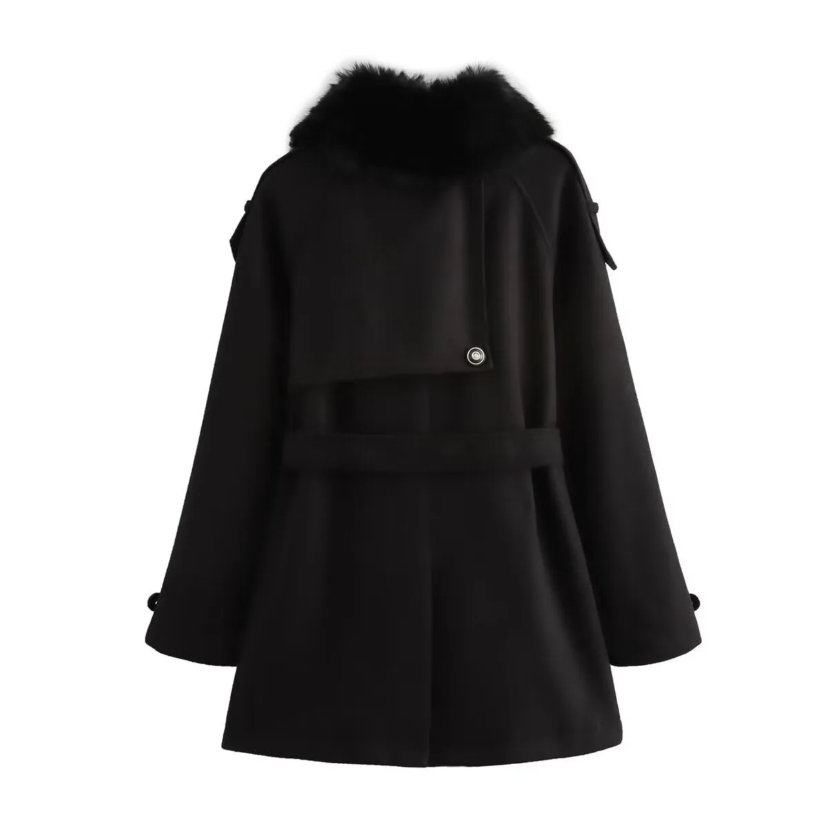 Ladies Black Fur Collar Winter Belted Coat