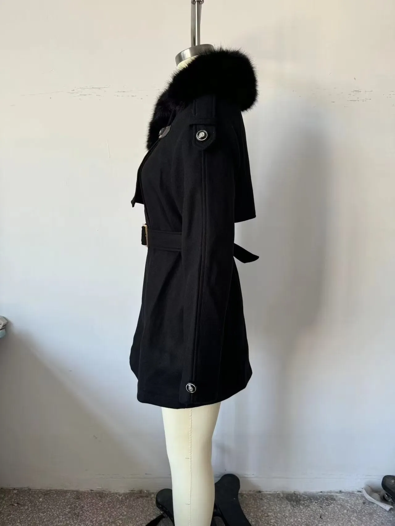 Ladies Black Fur Collar Winter Belted Coat