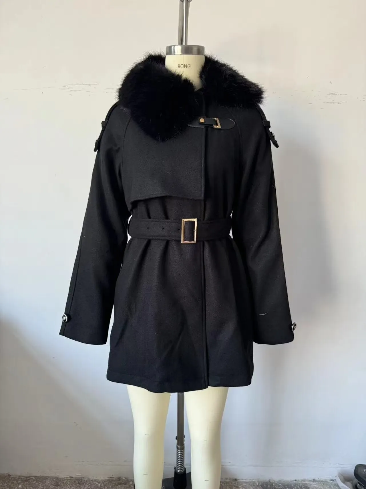 Ladies Black Fur Collar Winter Belted Coat