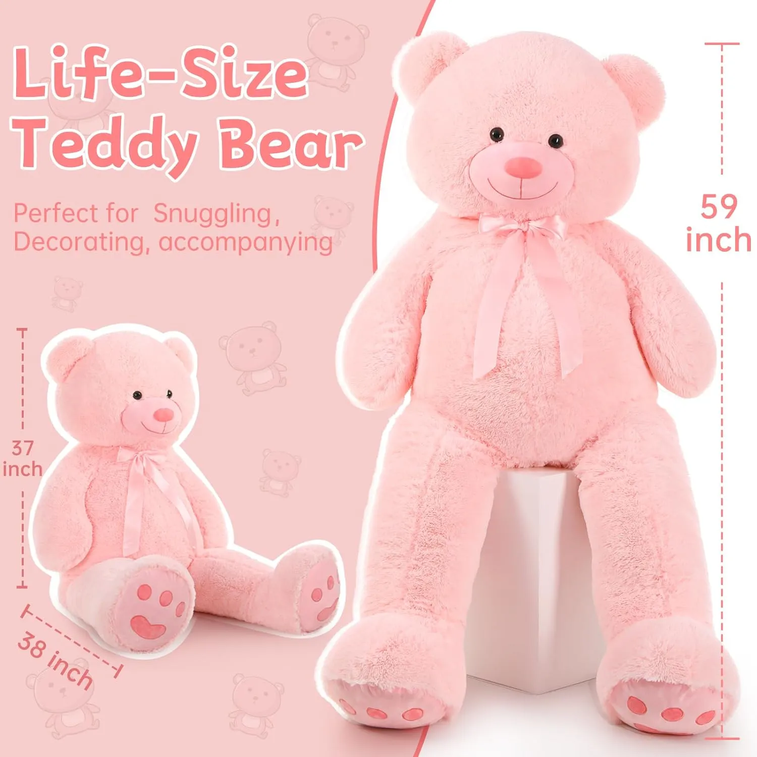 Large Teddy Bear Stuffed Toy, Light Brown/Pink, 5 FT