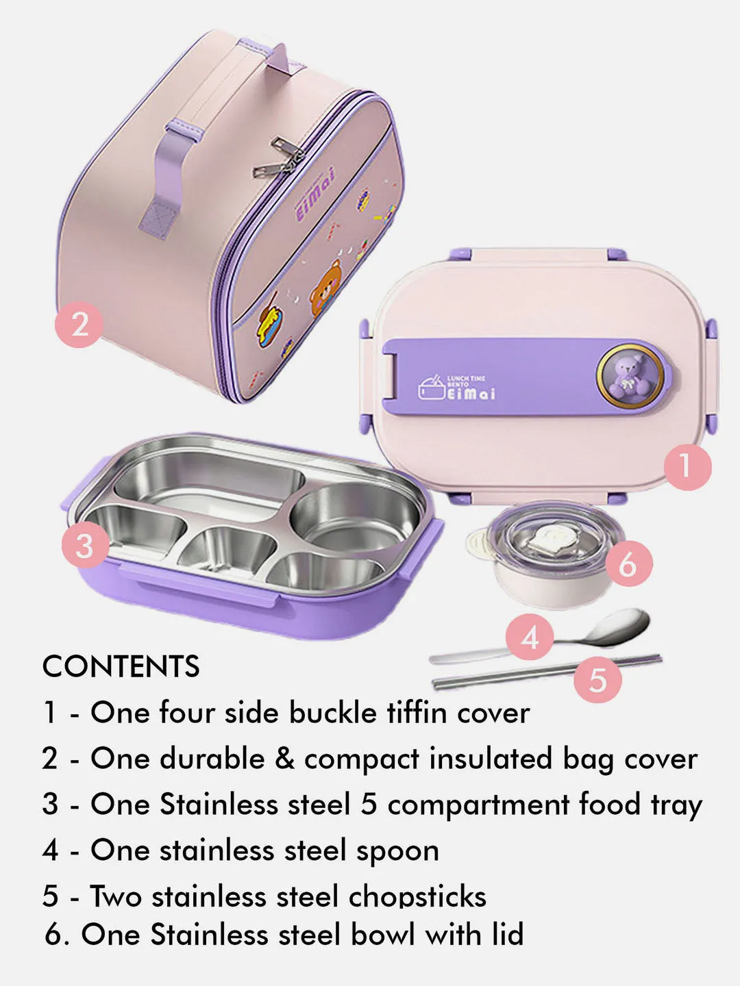 Little Surprise Box Purple Teddy Big Size Size Stainless Steel Lunch Box /Tiffin with Insulated Matching Lunch Bag.