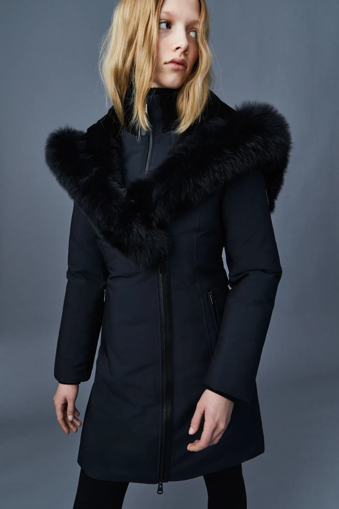 MACKAGE TRISH-BX - Powder Touch Down Coat With Blue Fox Fur Signature Mackage Collar