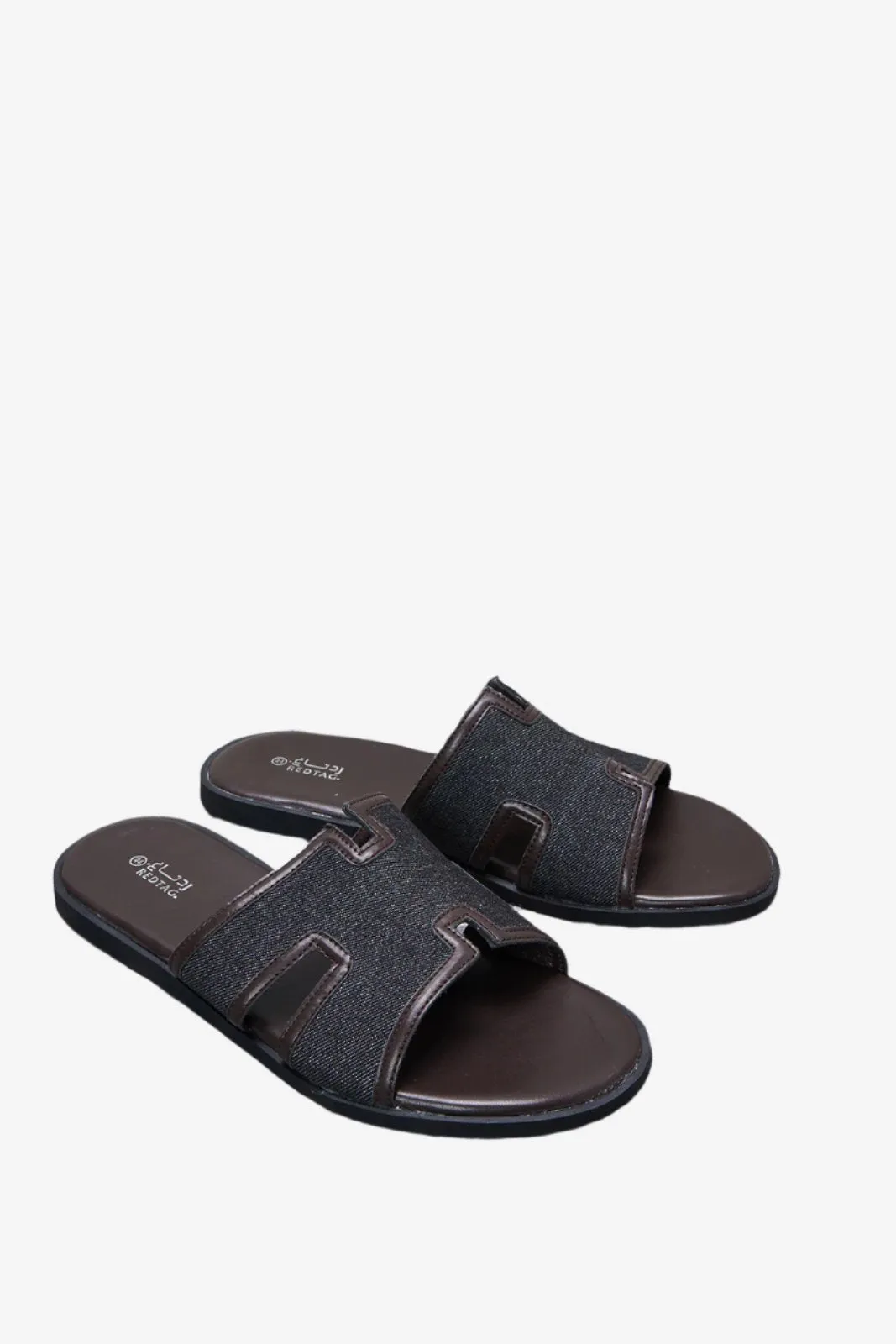 Men Brown H Strap Sandals With Denim