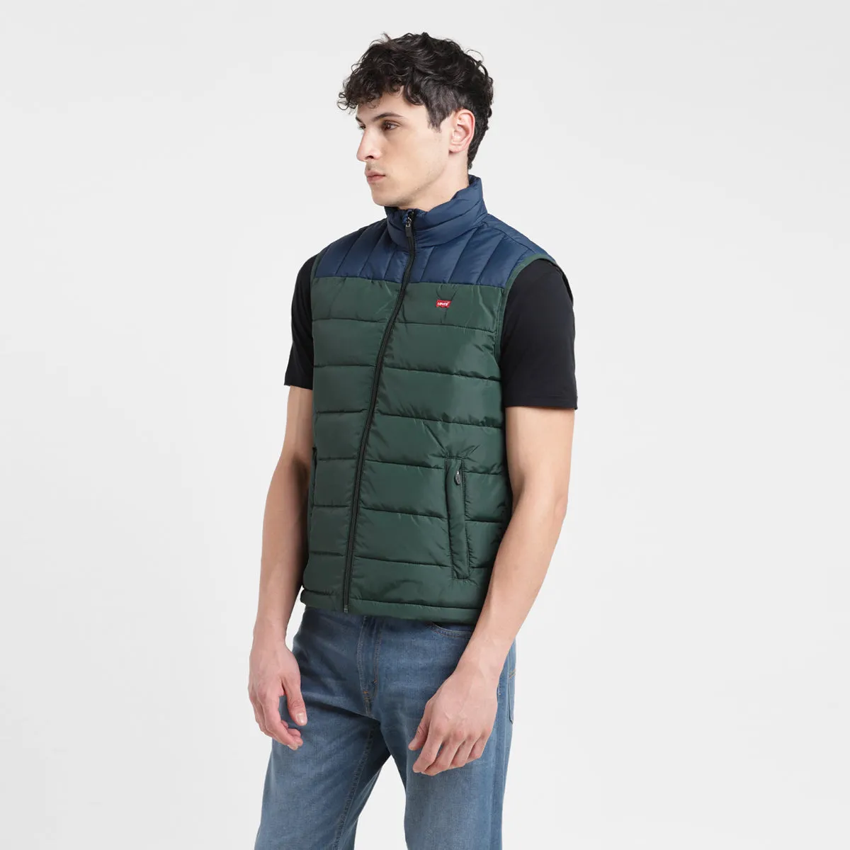 Men's Colorblock Green High Neck Quilted Jacket