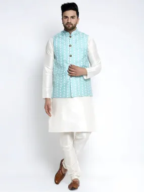 Men'S Solid White Dupion Kurta Payjama With Embroidered Waistcoat