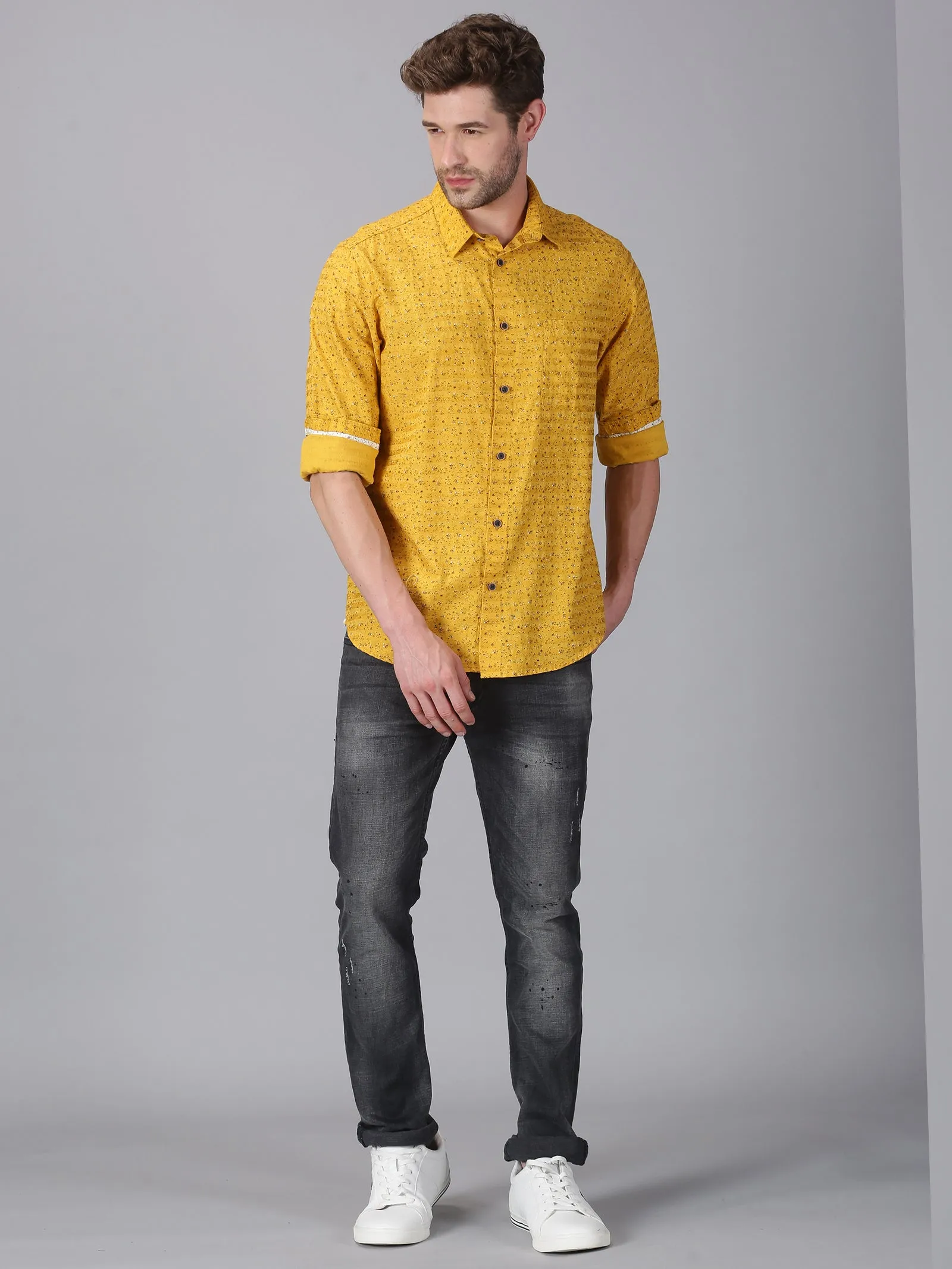 MEN'S YELLOW PRINT SLIM FIT SHIRT