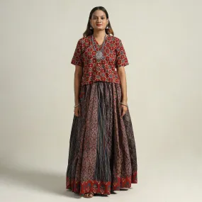 Multicolor - Ajrakh Block Printed 24 Kali Patchwork Cotton Long Skirt 57