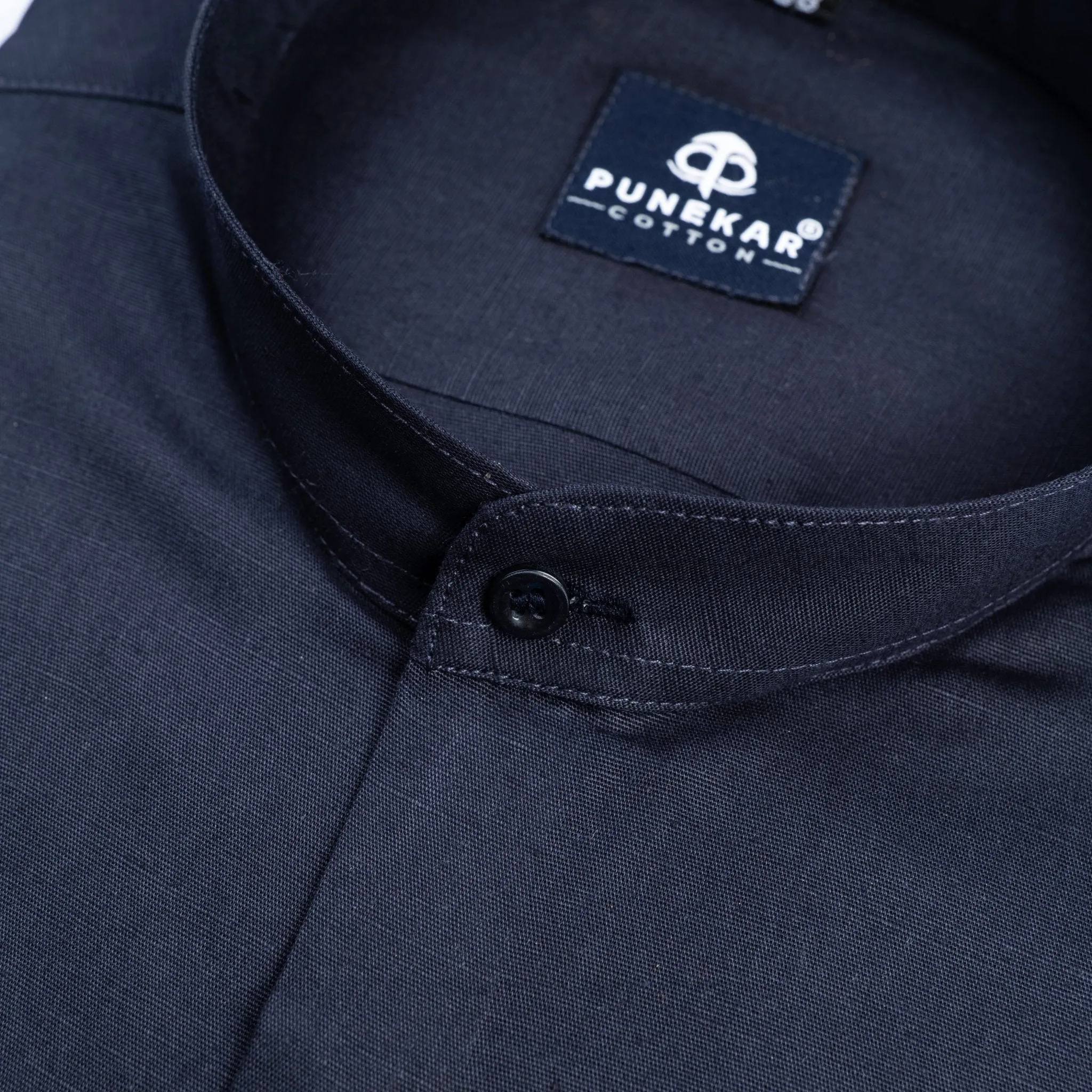 Navy Blue Color Band Collar Solid Shirt For Men