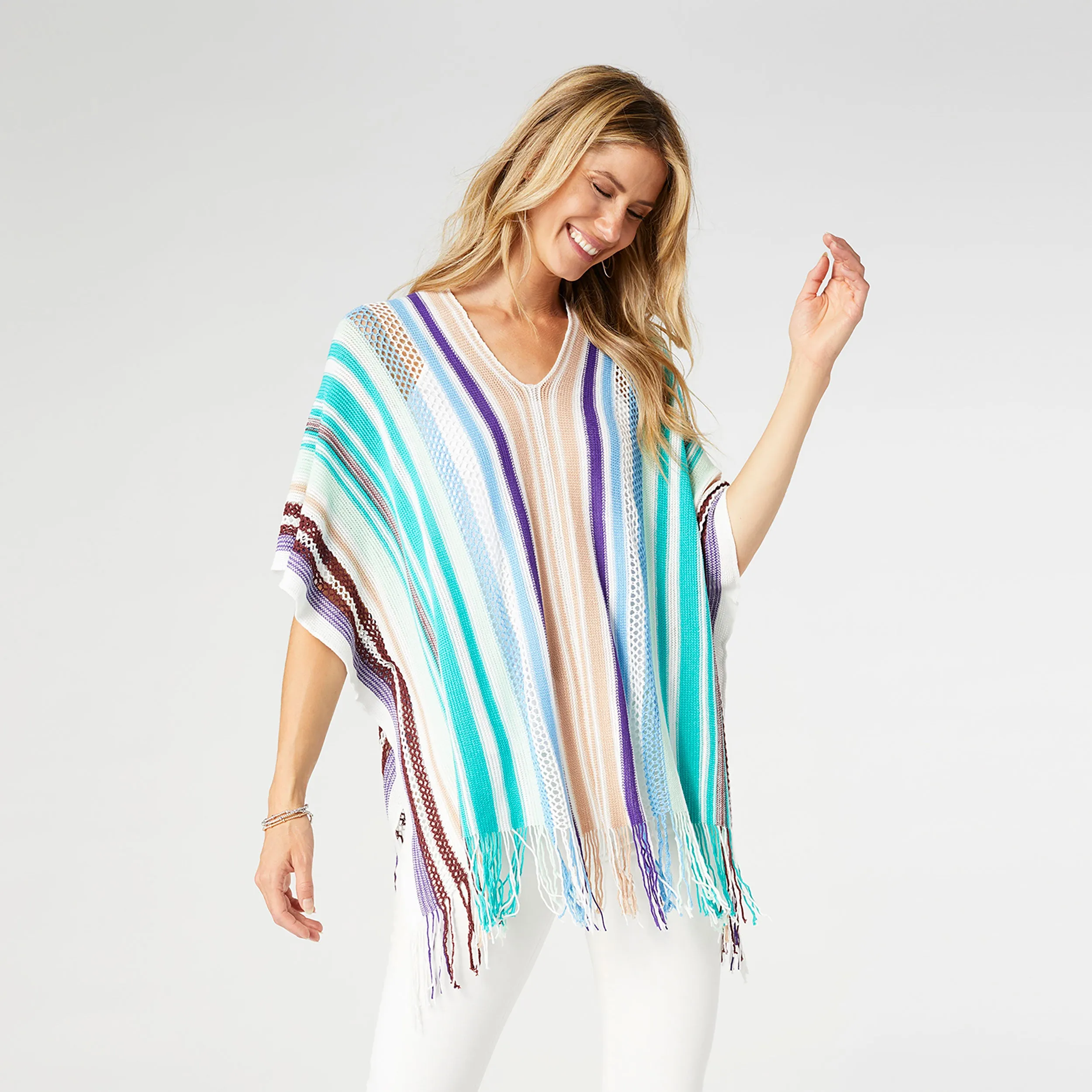 Neva V-Neck Poncho with Fringe - Aqua Multi Stripe