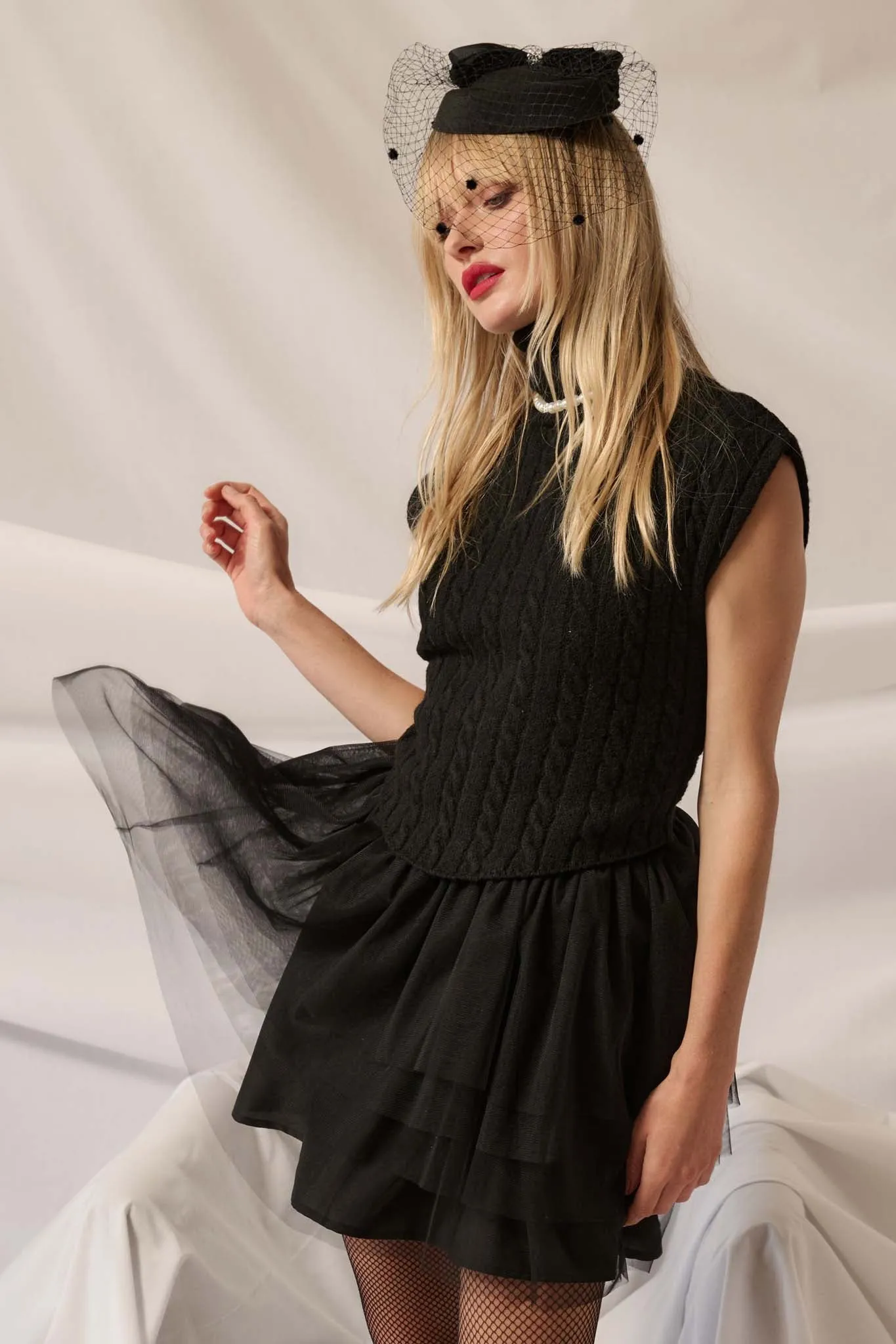 Night Moves Cable Knit Ruffled Tulle Mini Dress