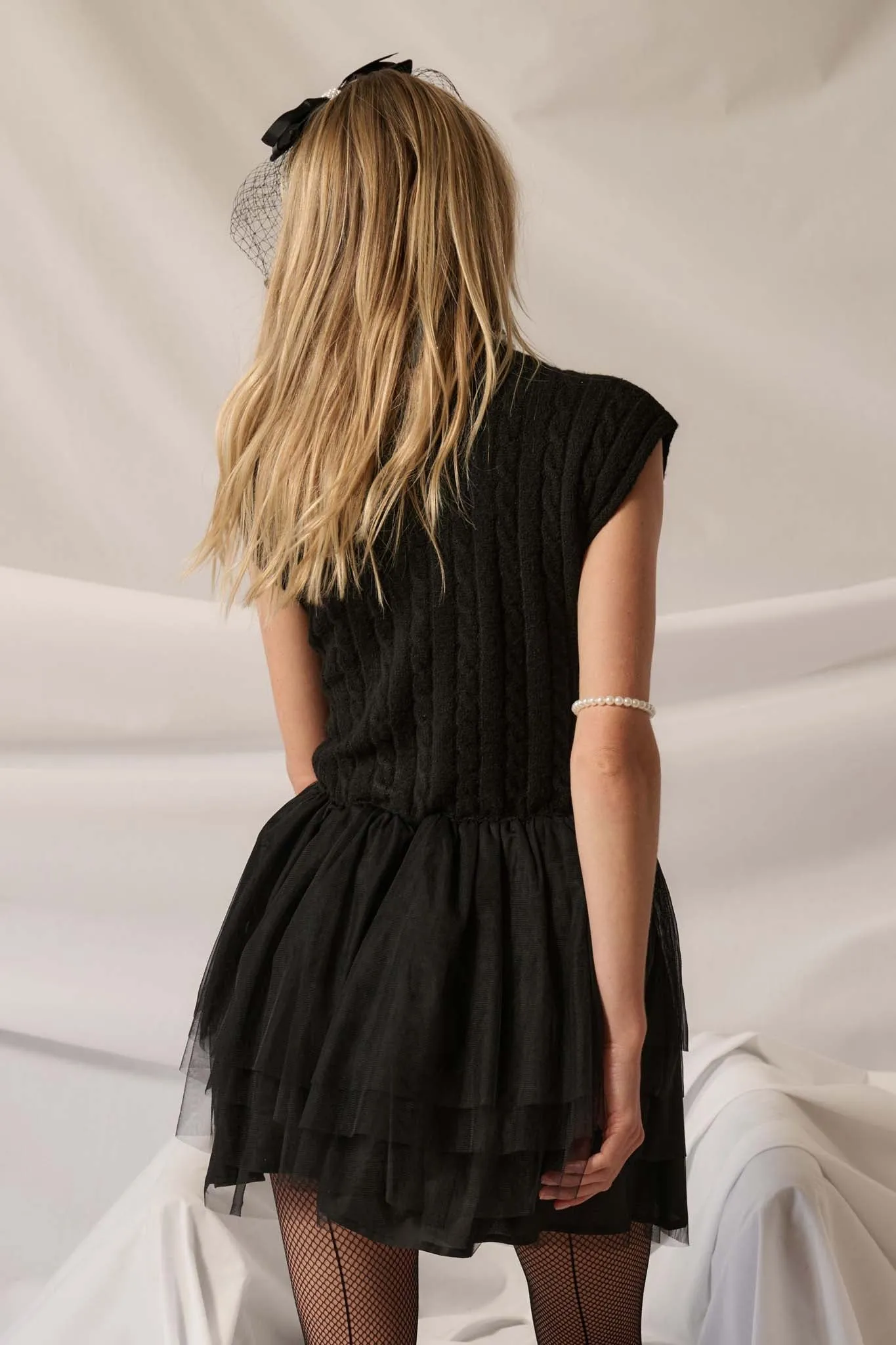 Night Moves Cable Knit Ruffled Tulle Mini Dress