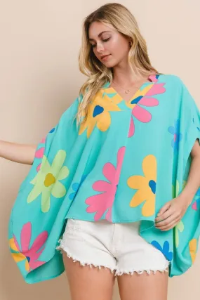 Oddi Floral Print Poncho Top in Aqua Blue Multi