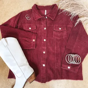 Out For A Drive Button Up Corduroy Shacket in Maroon