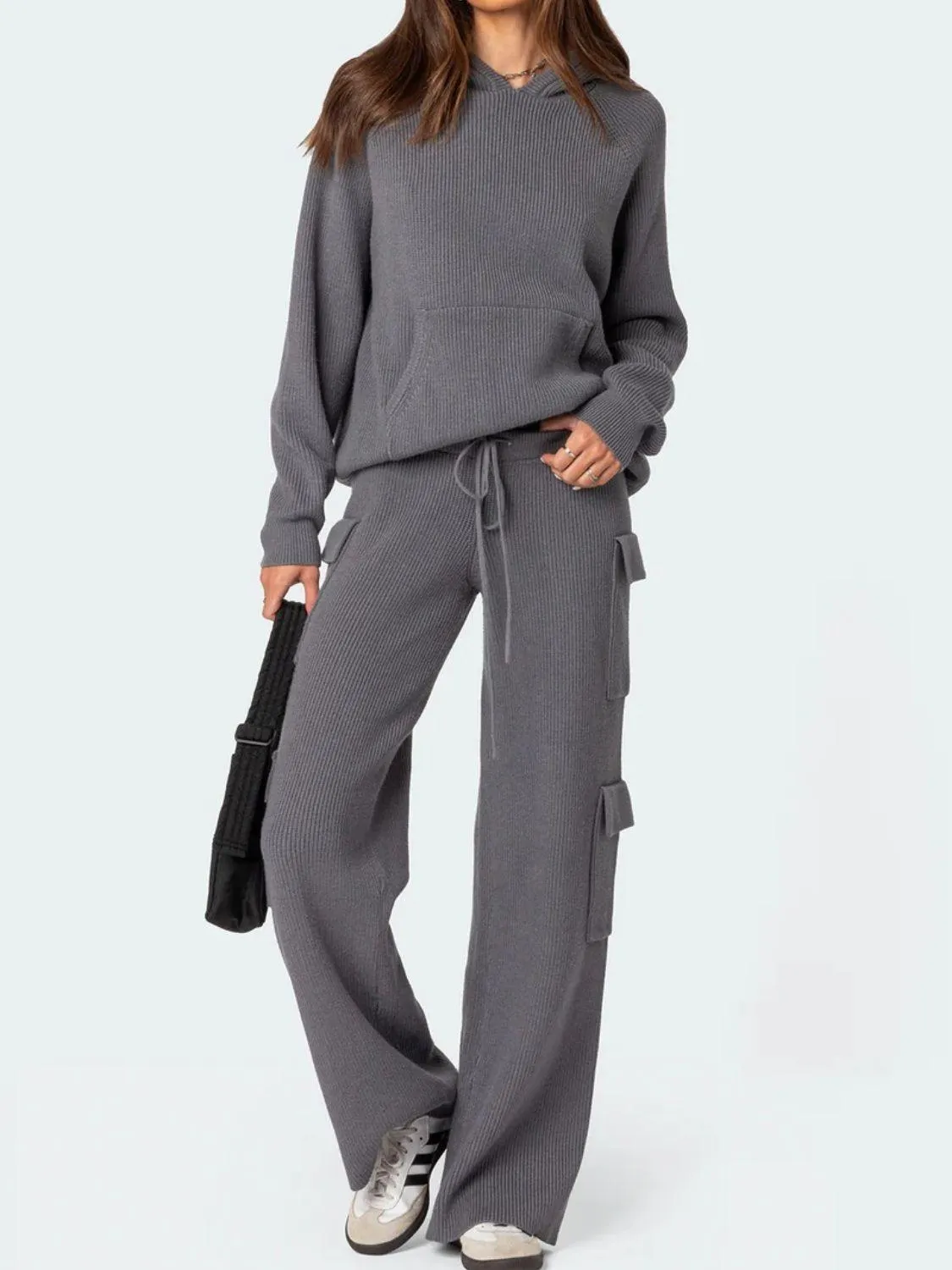 Outfit Set Long Sleeve Hooded Top and Cargo Pants Sweater Set