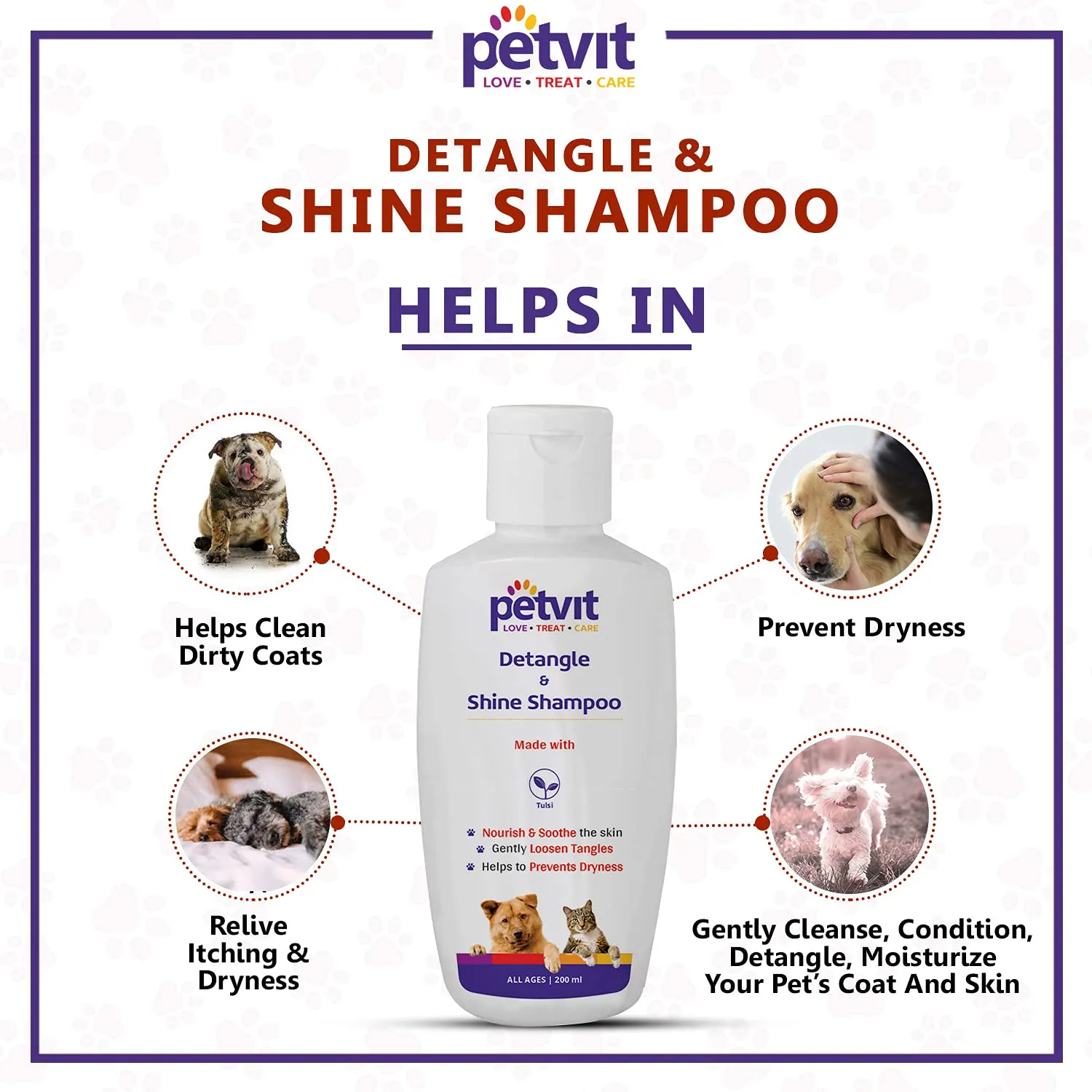 Petvit Detangle & Shine Shampoo with Tulsi Oil |Detangles & Conditions for Soft/Shiny/Healthy Coat, Vegan & Cruelty-Free, pH Balanced, Hypoallergenic, for All Breed Dog/Cat - 200ml, White, (39)