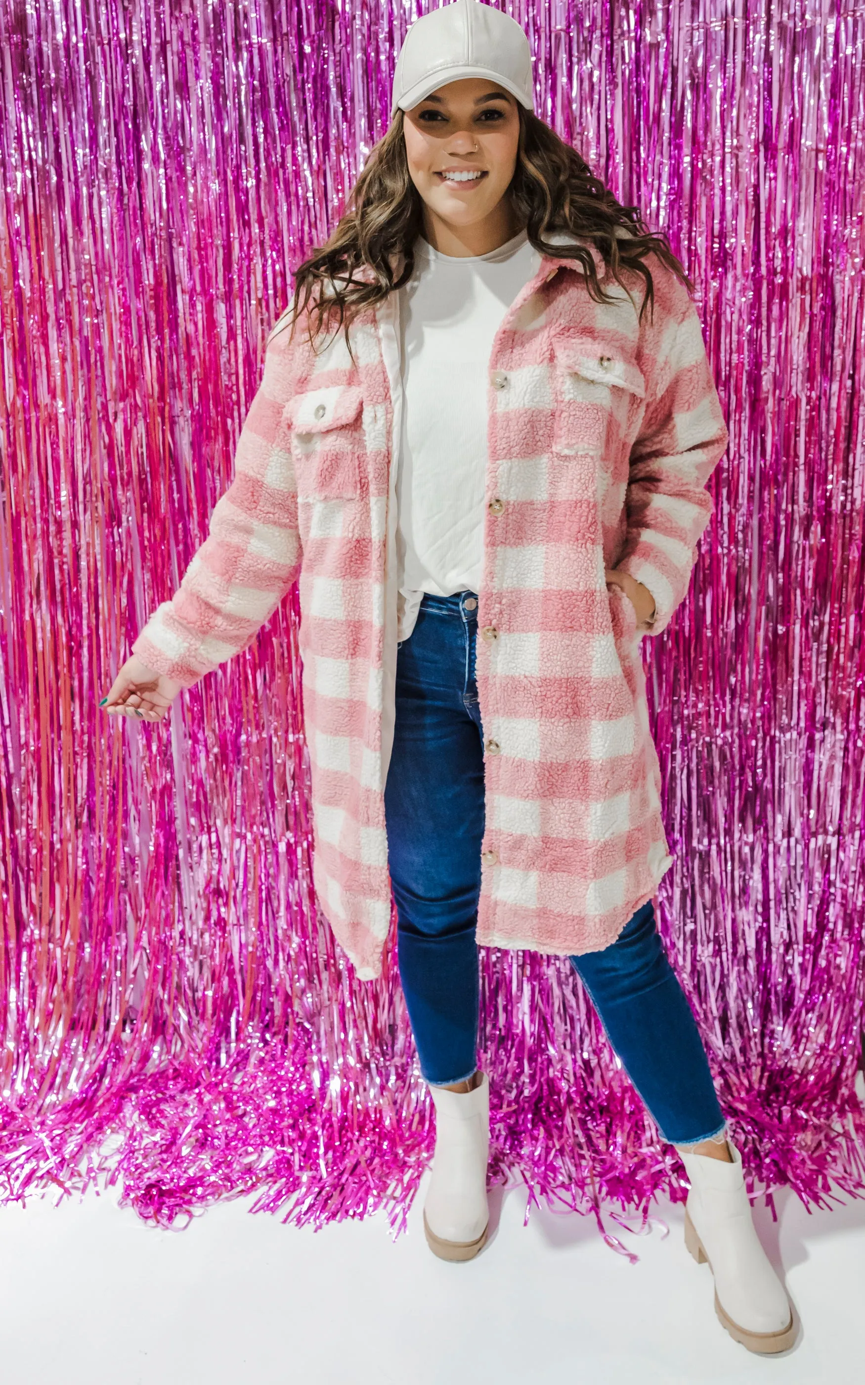 Pink Cream Plaid Long Sherpa Jacket