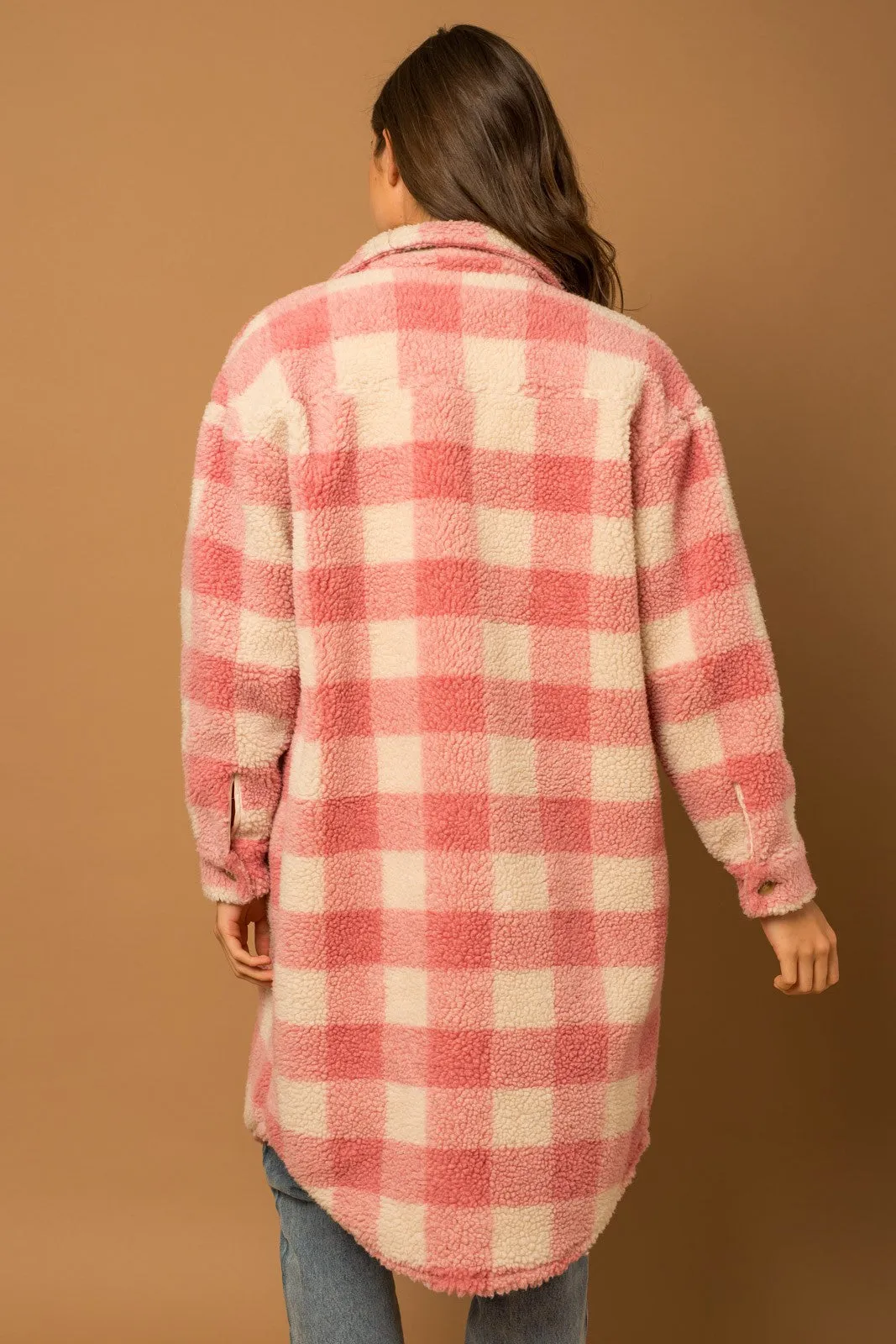 Pink Cream Plaid Long Sherpa Jacket