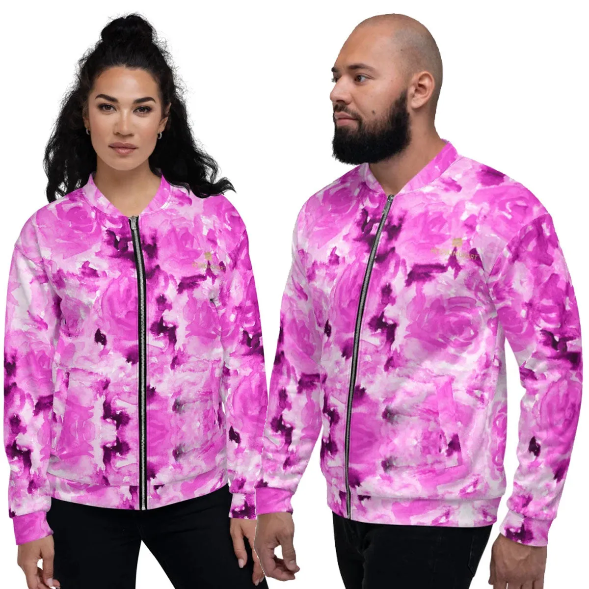 Pink Rose Bomber Jacket, Floral Print Best Unisex Jacket For Men or Women-Made in EU