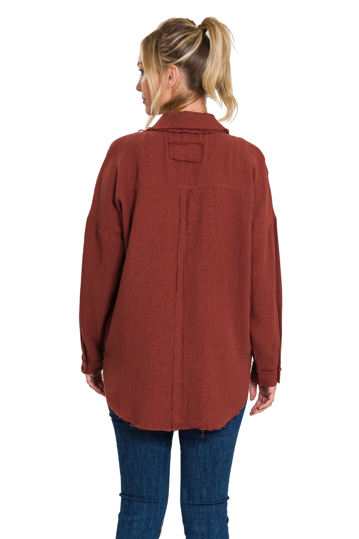 Plus Size Long Sleeve Raw Edge Shirt