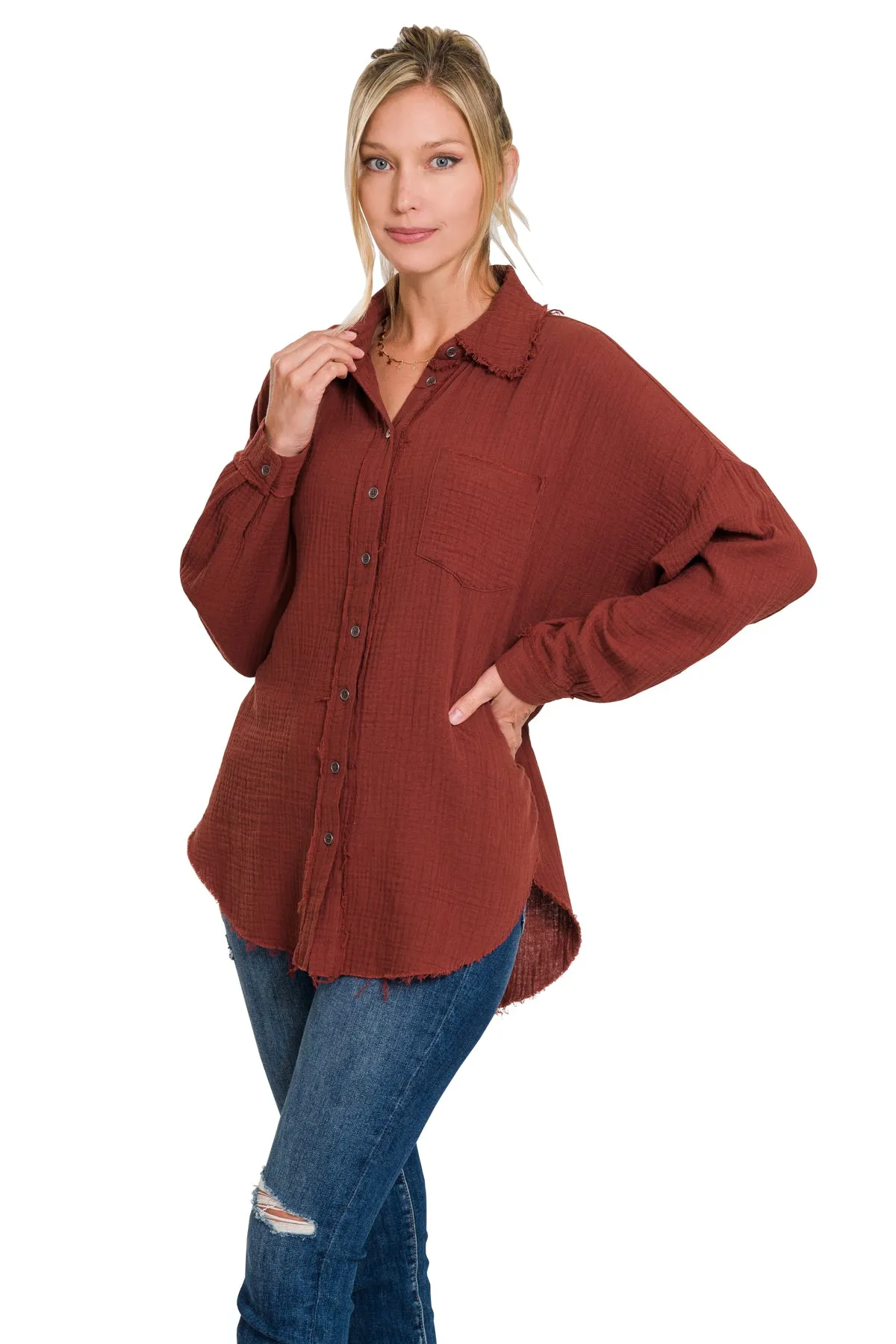 Plus Size Long Sleeve Raw Edge Shirt