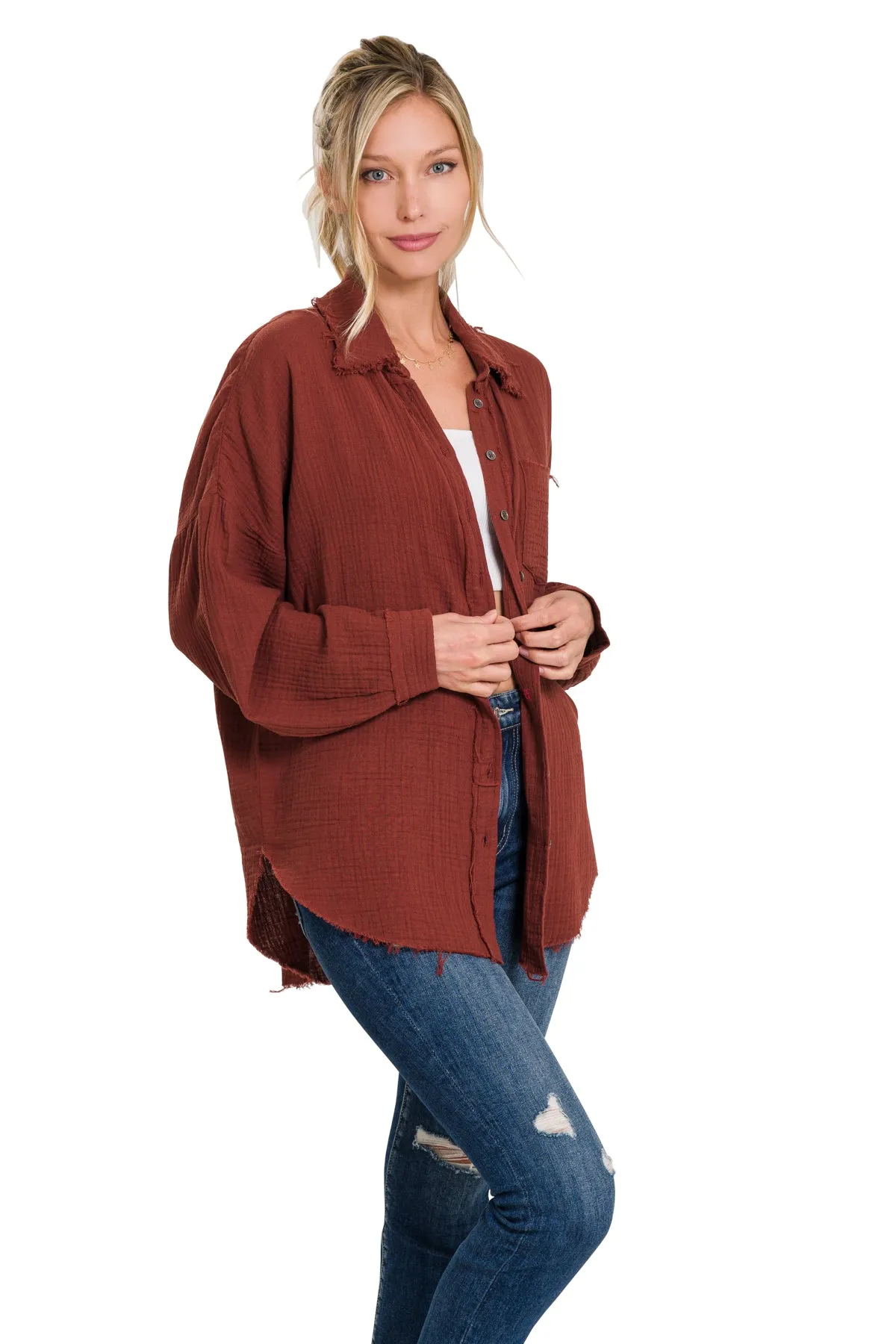 Plus Size Long Sleeve Raw Edge Shirt