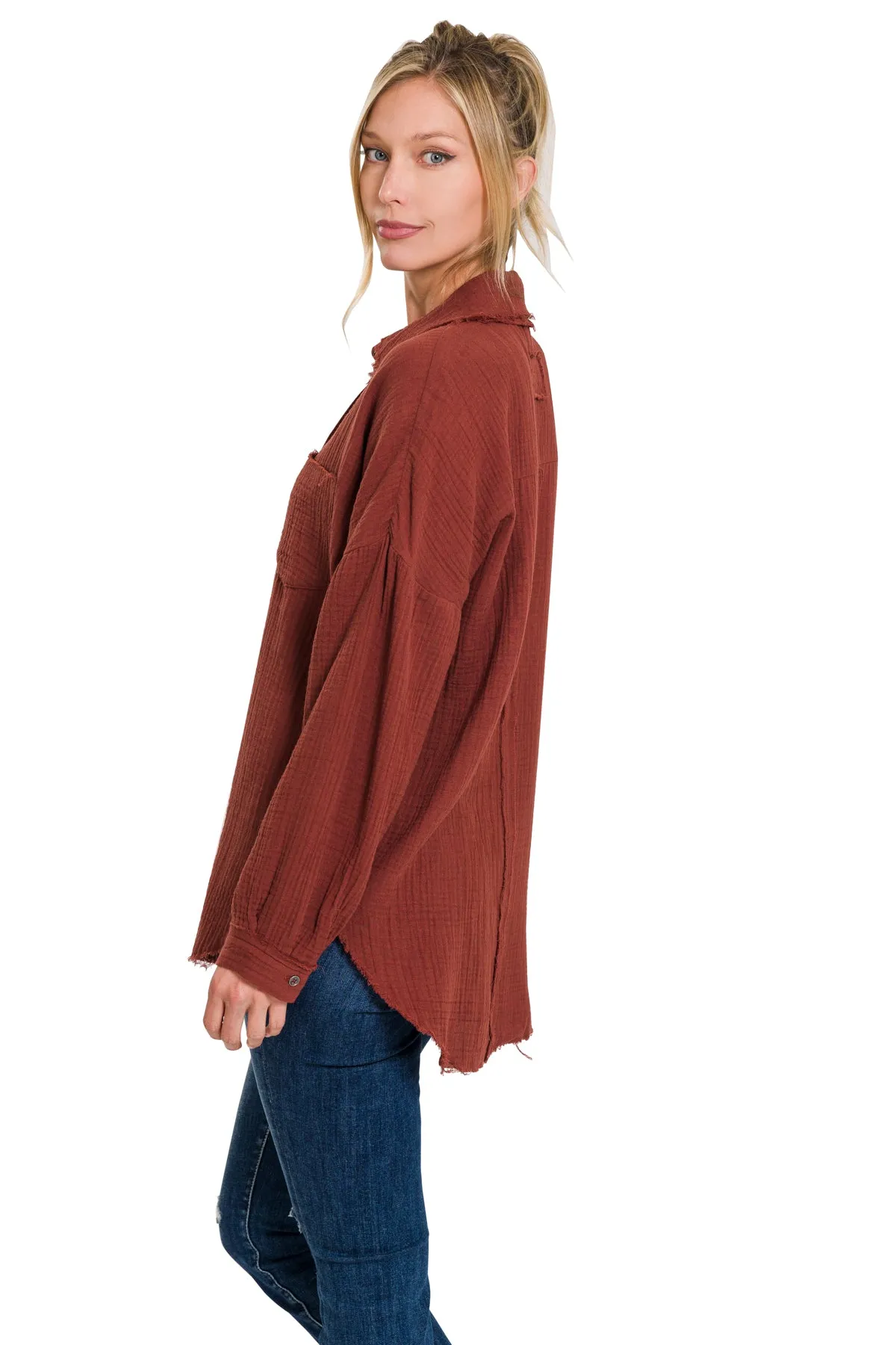 Plus Size Long Sleeve Raw Edge Shirt