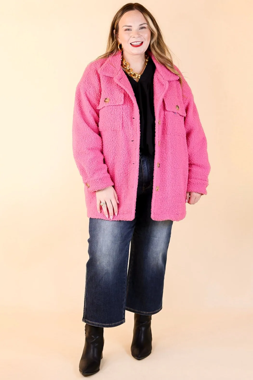 Plush Comfort Button Up Sherpa Shacket in Hot Pink