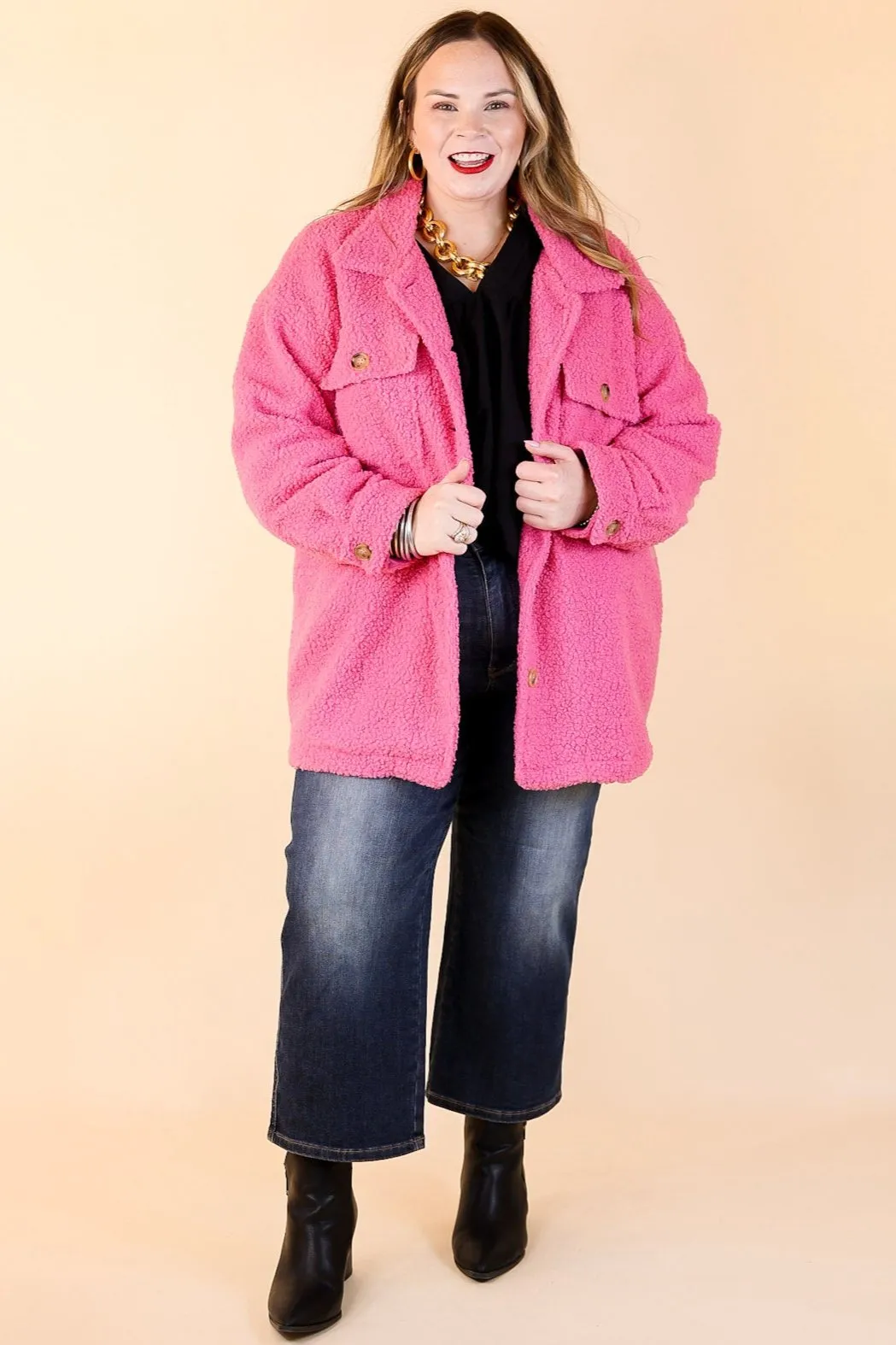 Plush Comfort Button Up Sherpa Shacket in Hot Pink