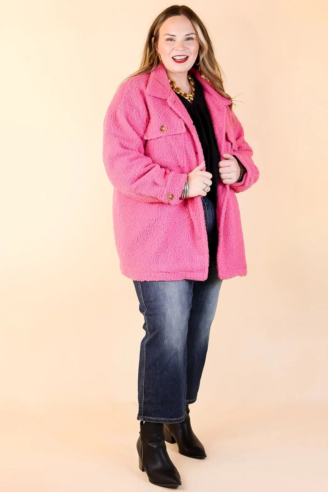 Plush Comfort Button Up Sherpa Shacket in Hot Pink