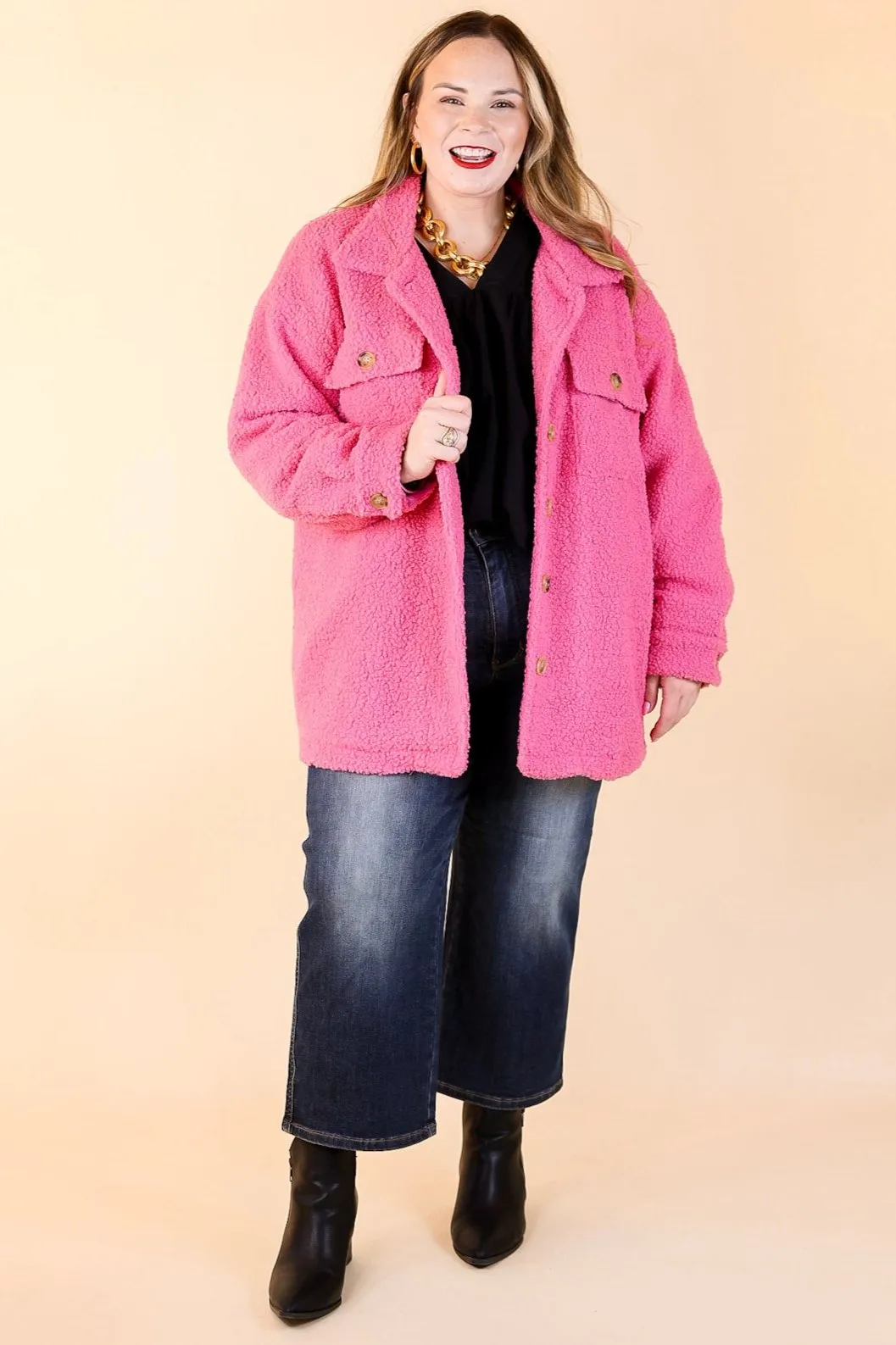 Plush Comfort Button Up Sherpa Shacket in Hot Pink