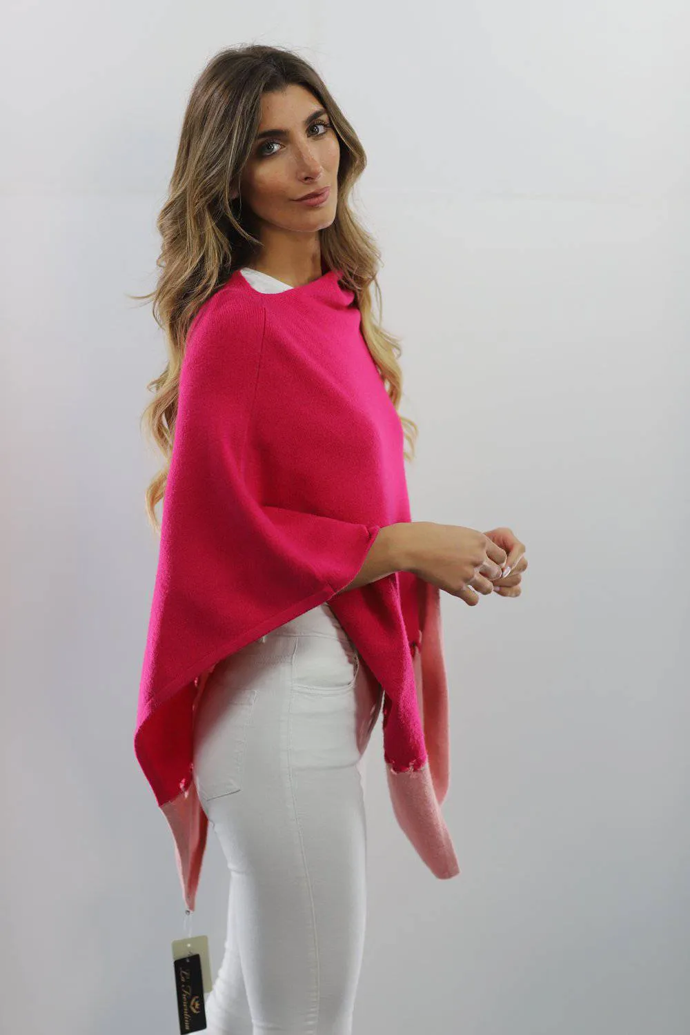 Poncho with Two Tone Detail - Rose/Pink