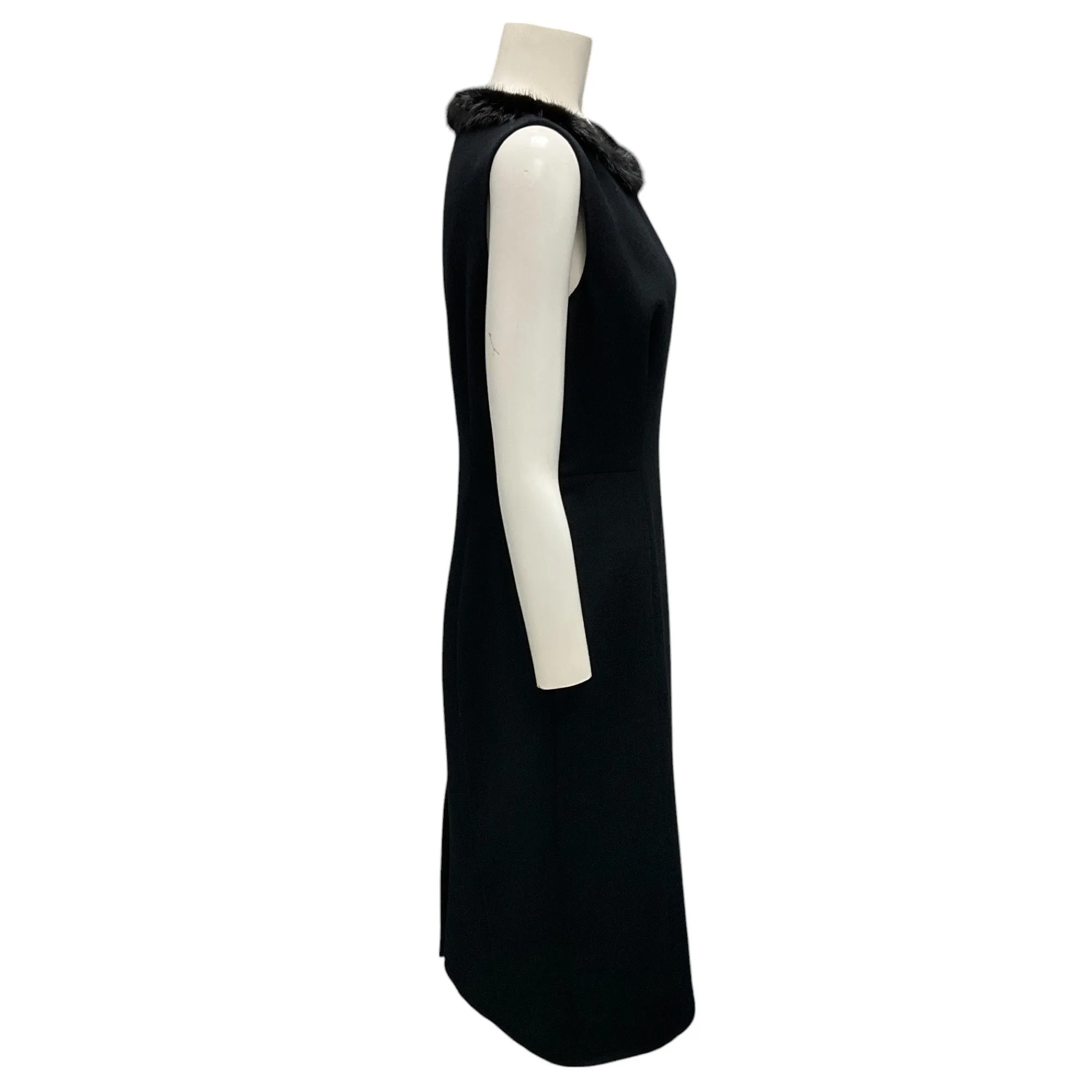 Prada Black Mink Fur Collar Sleeveless Wool Dress