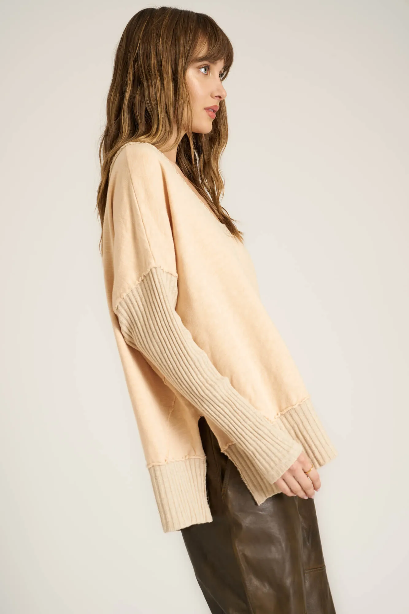 Quinn Mixed Fabric Oversized Pullover - Mother of Pearl